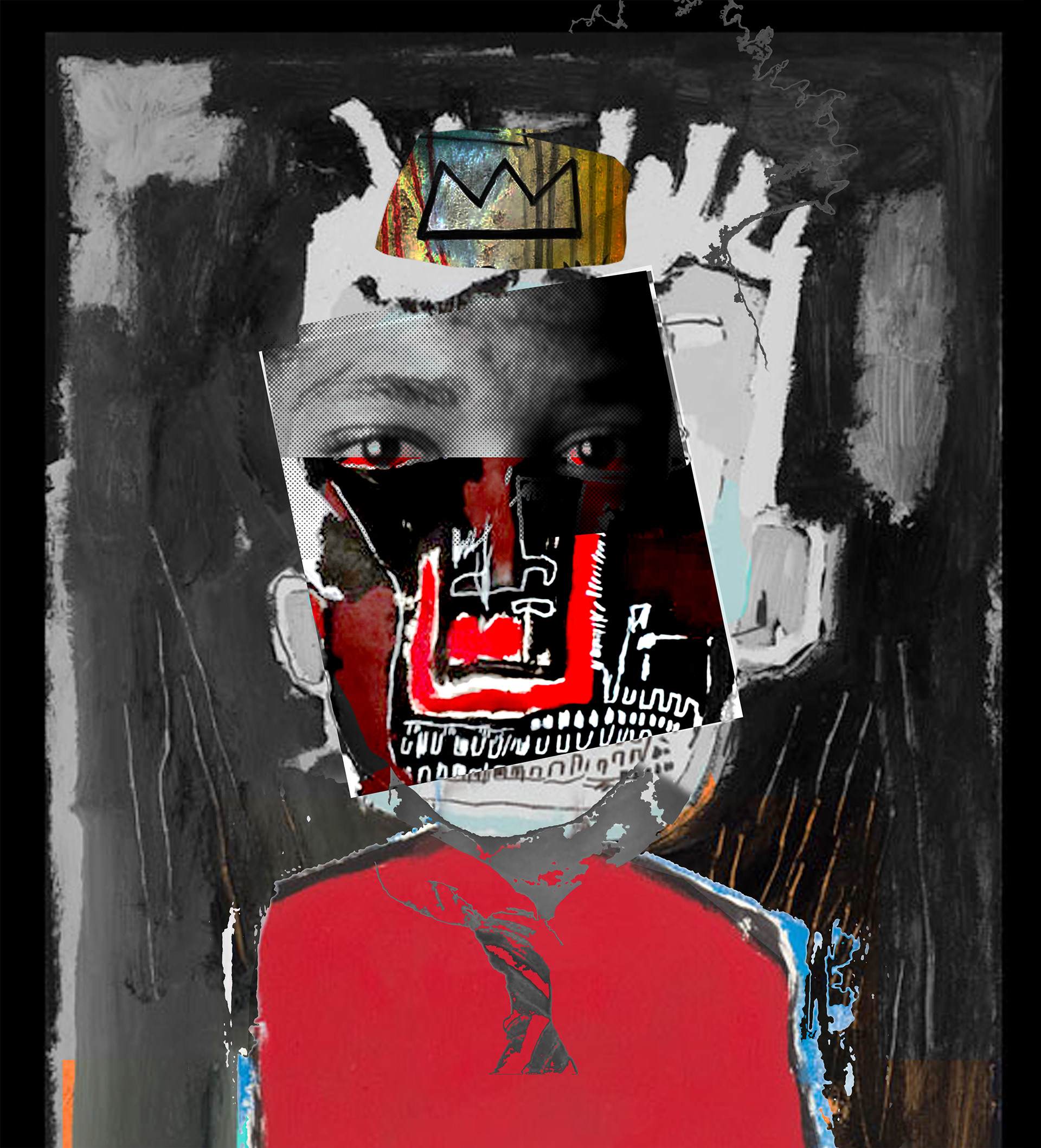 Jean Michel Basquiet, King- (1960-1988)  American, Poet, Painter, Street artist, part of the neo-expressionism movement- numbered screen print (24"x36") - Artwork illustrating the merging of the artist with the visual language of the piece.