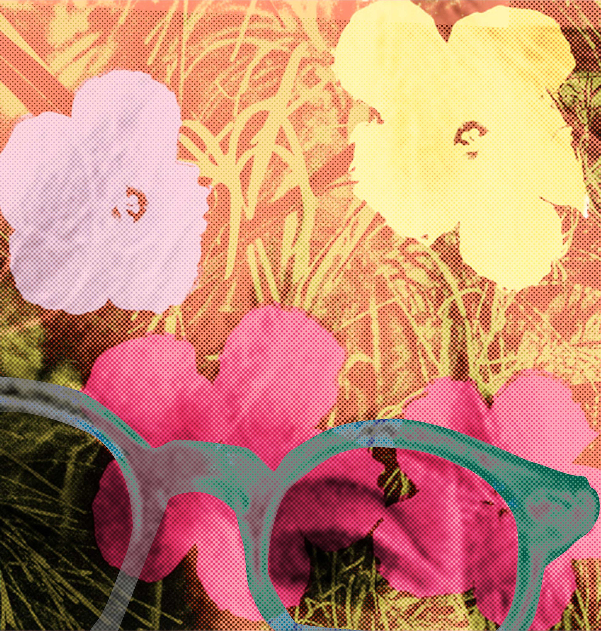 Warhol basking in flowers- (1928–1987)  American visual artist, film director, music producer- redefined the link between commercial culture and fine art   numbered print, 36" x 36" - Artwork illustrating the merging of the artist with the visual language of the piece.