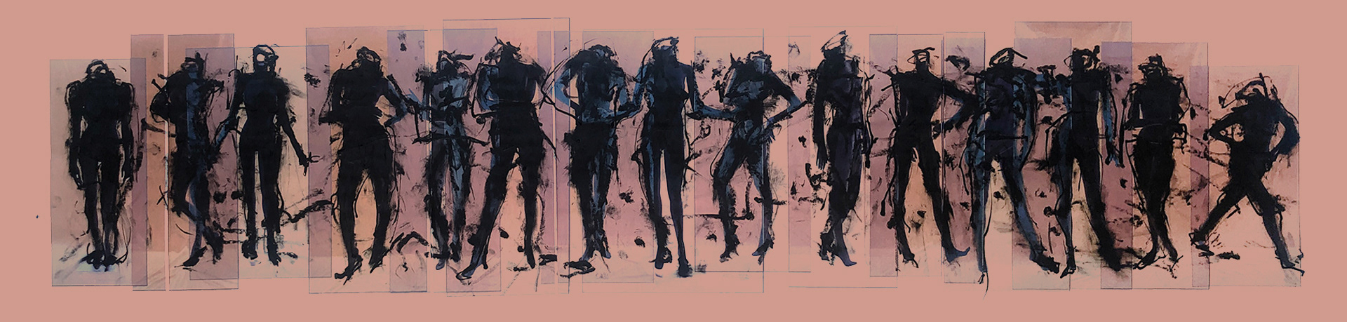 Mannequin Walk2,-Ink on paper mounted on board (18"x72") - Artwork referencing mannequins and surrealist critiques of femininity.