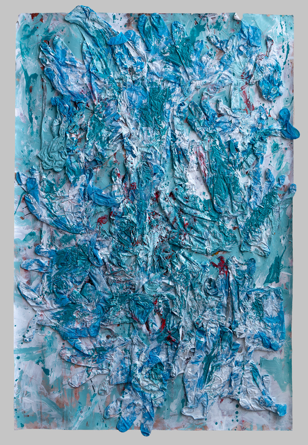 Ceruiean Gambit, acrylic and nitrile glove college on paper ( 26"x 38")