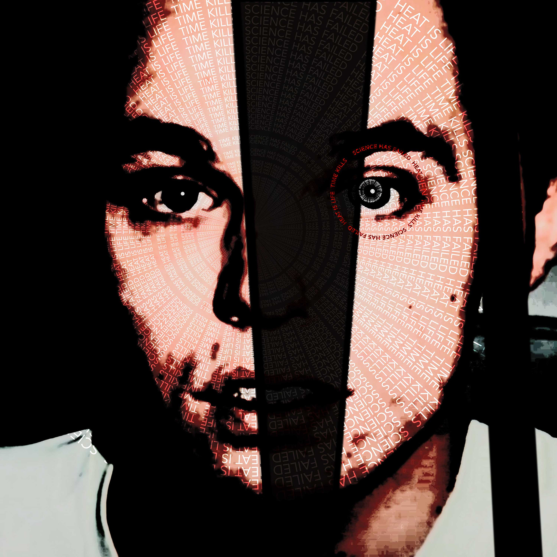 Chris Burden (1946–2015) American performance, installation, and sculptural artist whose radical performances in the late seventies and eighties tested the limits of the body, endurance, and danger  numbered print,  36”x36” - Artwork illustrating the merging of the artist with the visual language of the piece.