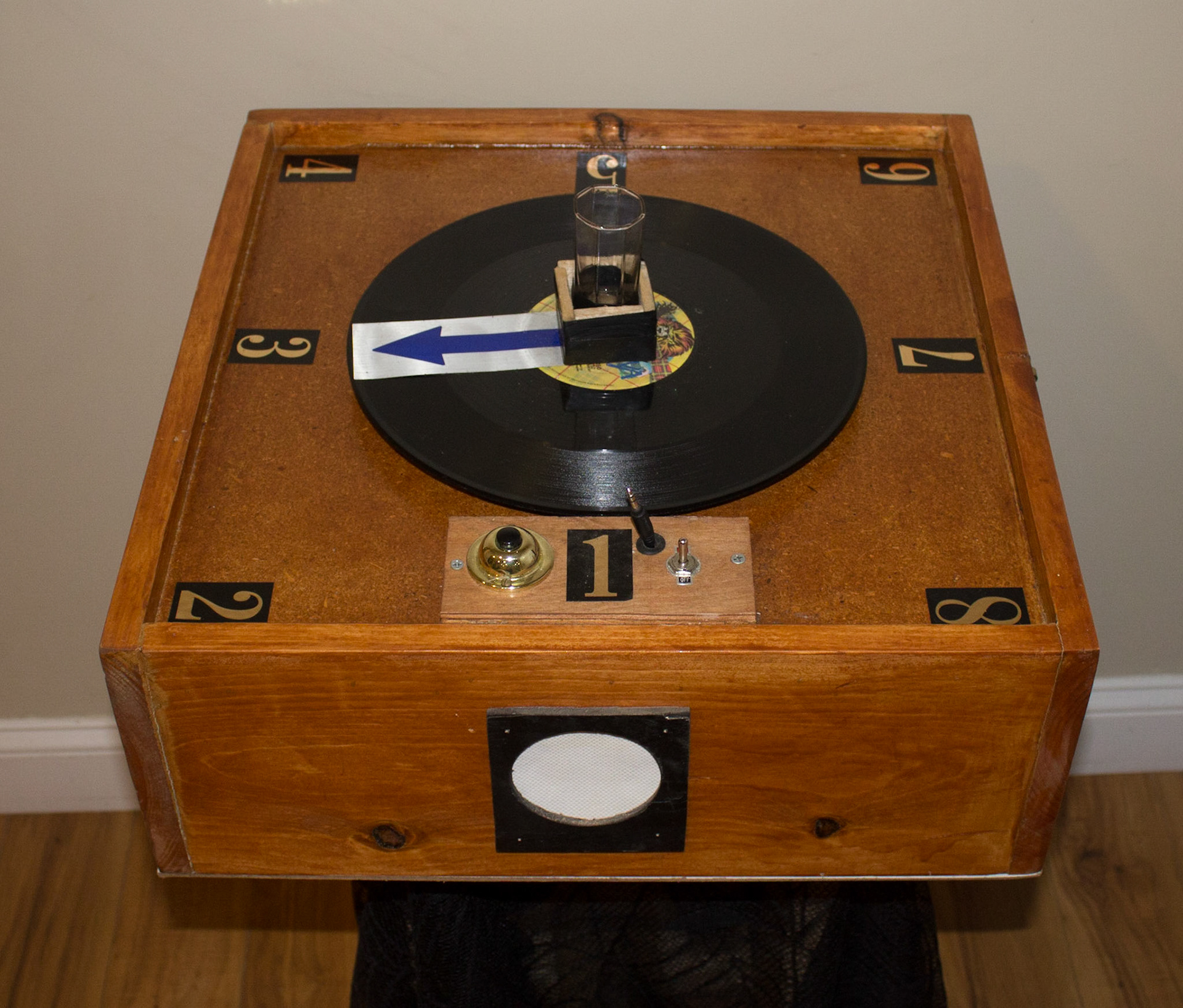 Record player drinking game, a shot goes in the middle, and the record spins around, if the arrows stops on you, you have to drink.