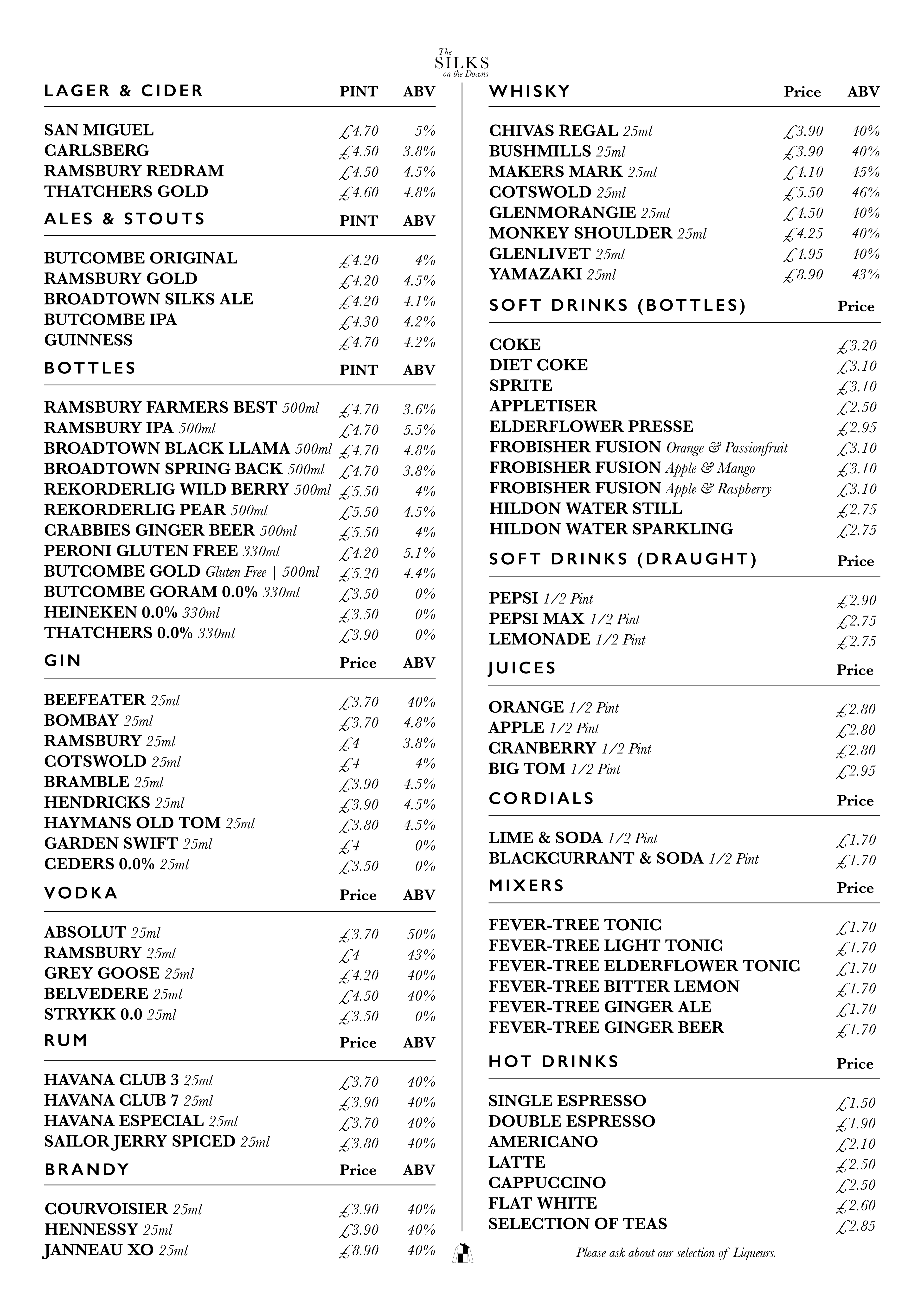 Example A4 Drinks Menu