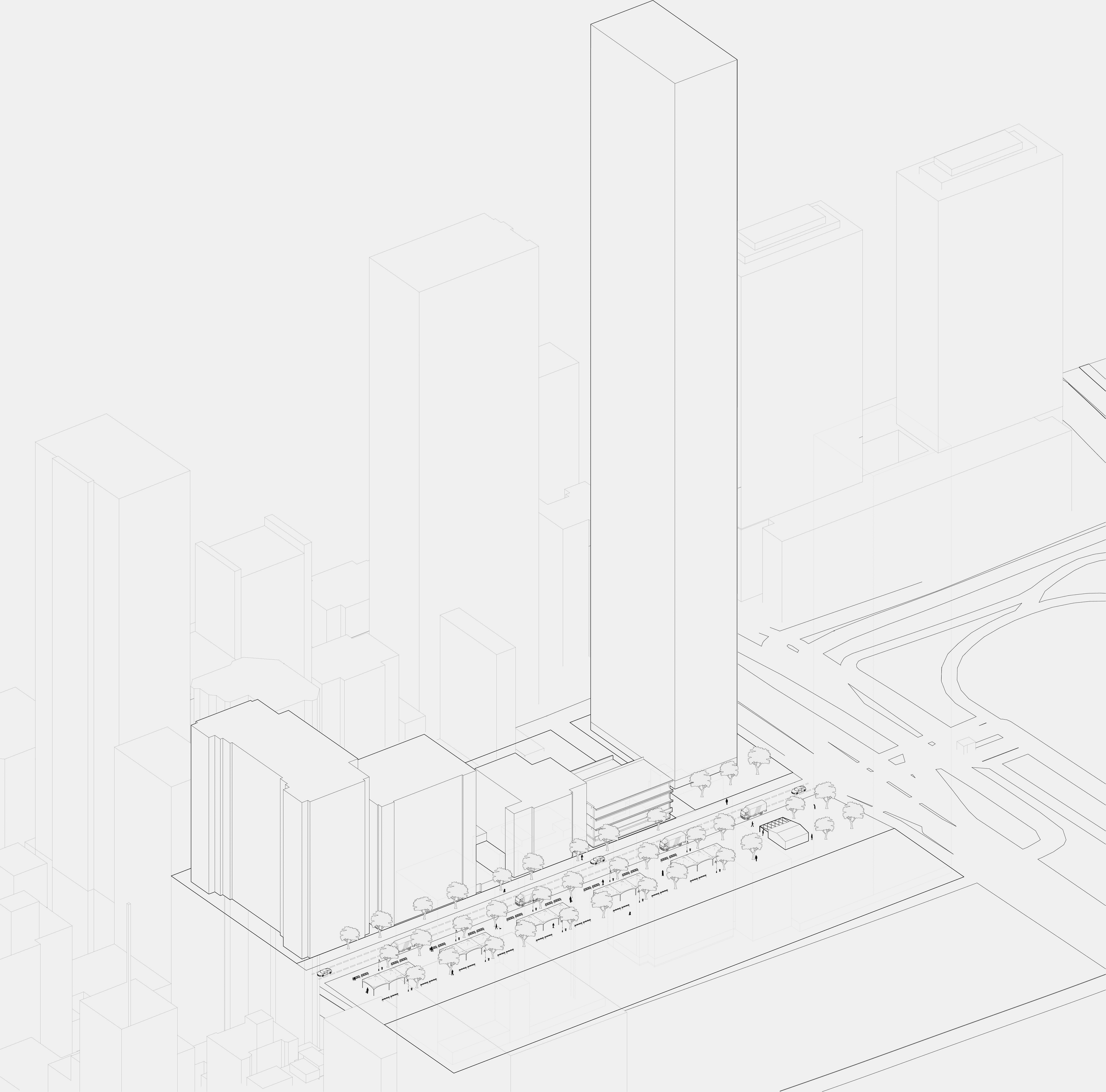 The current condition of this area. The current function of this space is a park, a temporary farm market, a cafe, a bike station, and a parking block.