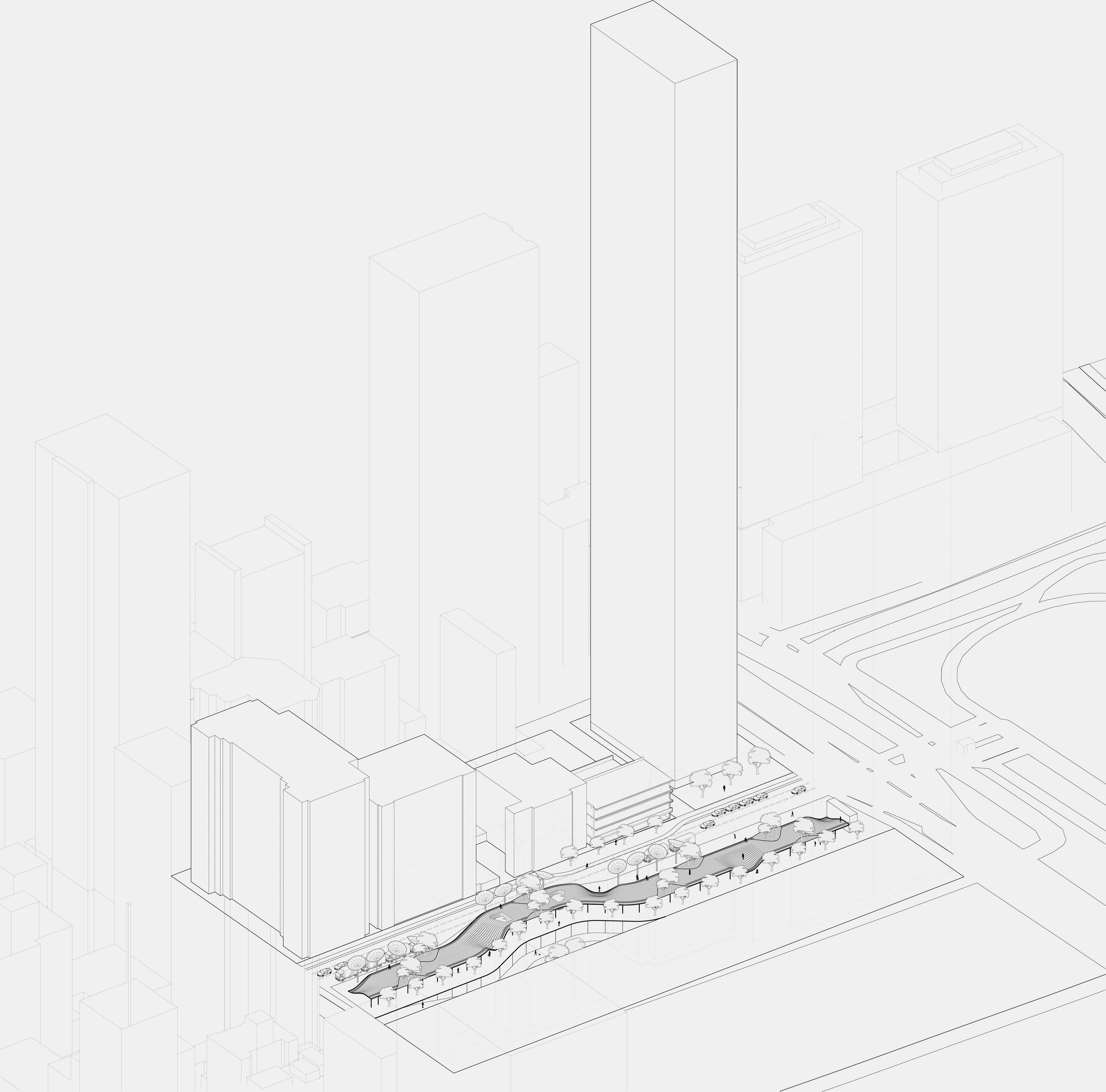 Include all original functions, a park, a temporary farm market, a cafe, a bike station, and a parking block.