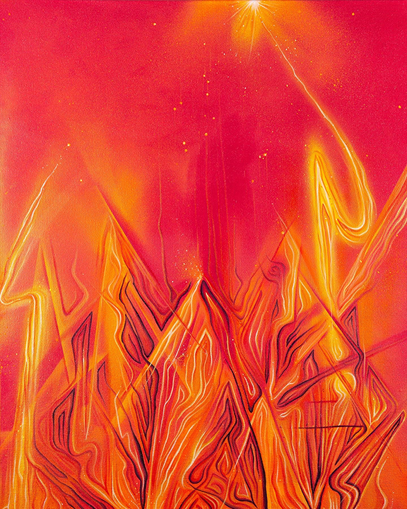 Anger within/Energy released, 24" x 30", acrylic and spray paint on canvas. 