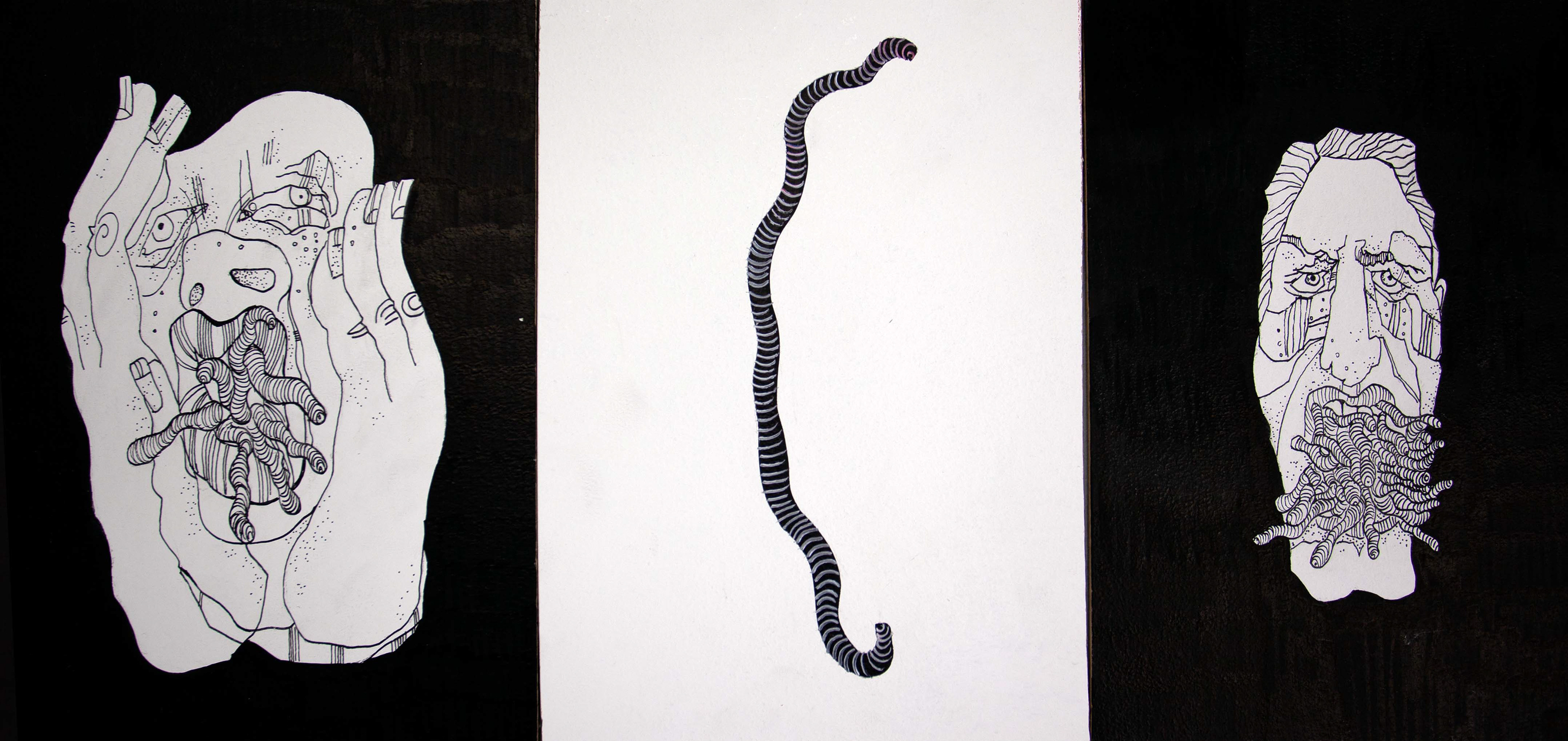 Worms (triptych) three 8x12 inches boards, acrylic on board