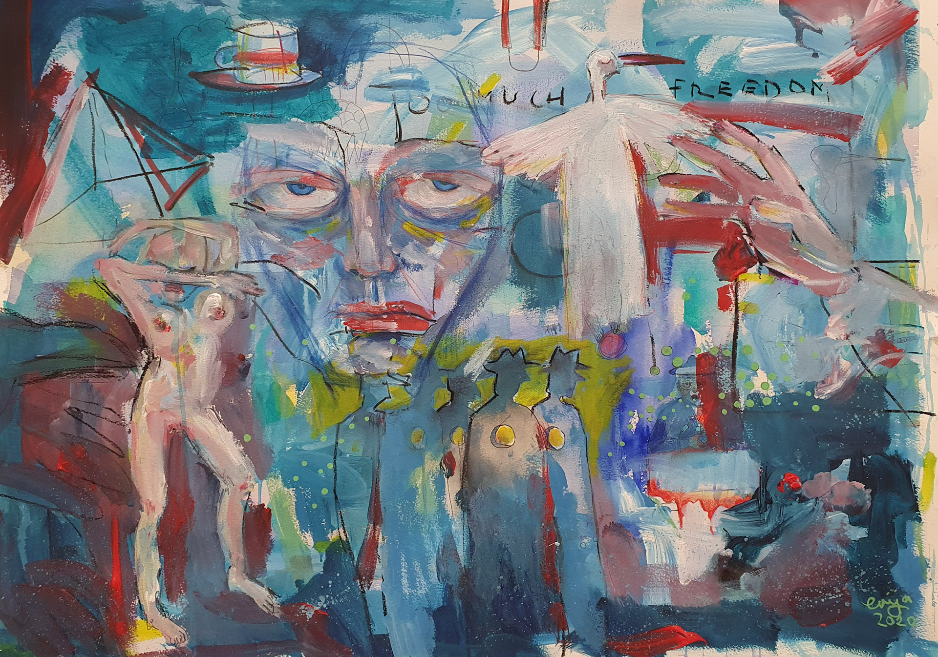 Too much Freedom, mixed media on Fabriano paper. A1
