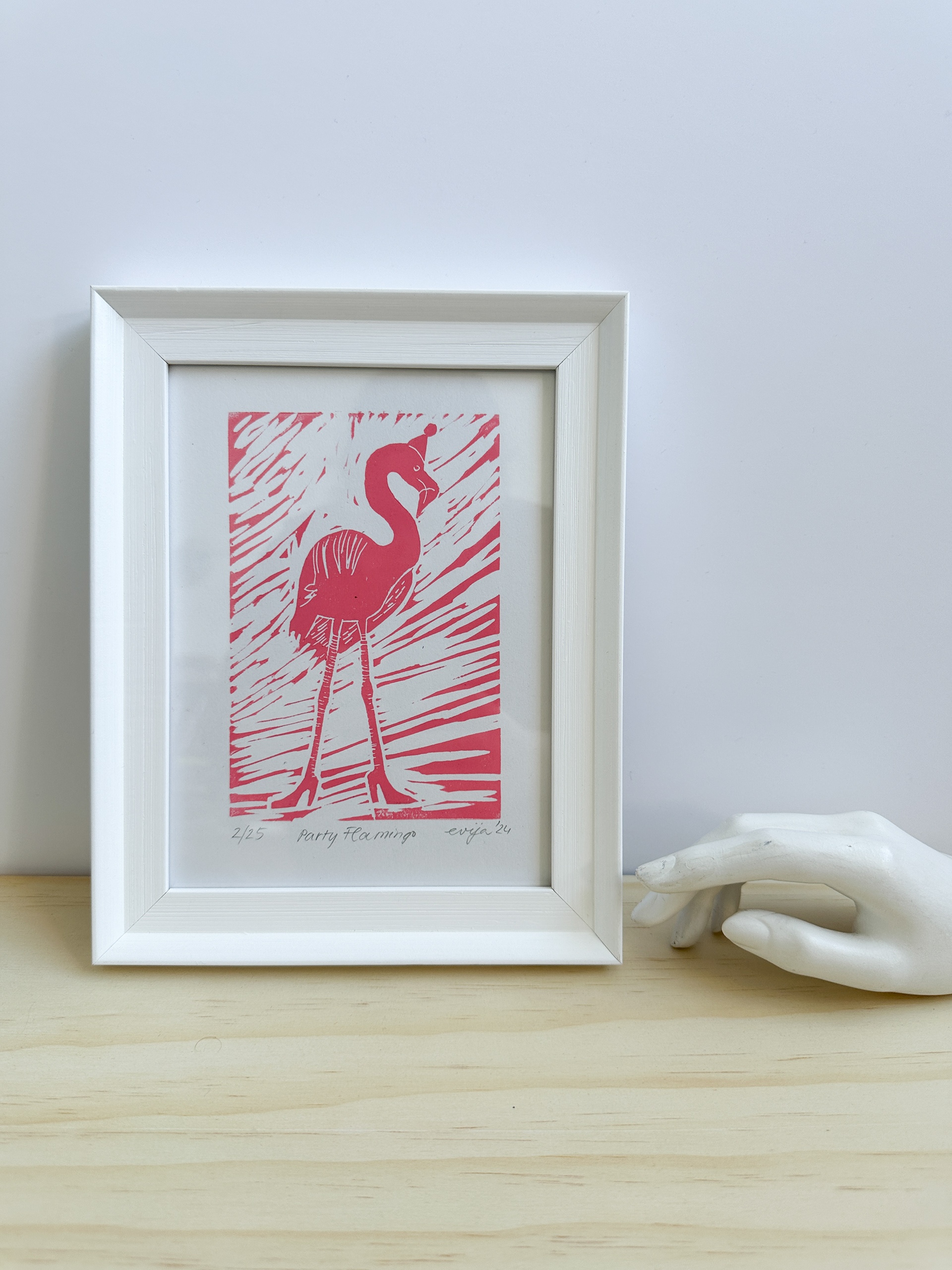 Party Flamingo, linocut , Size A5