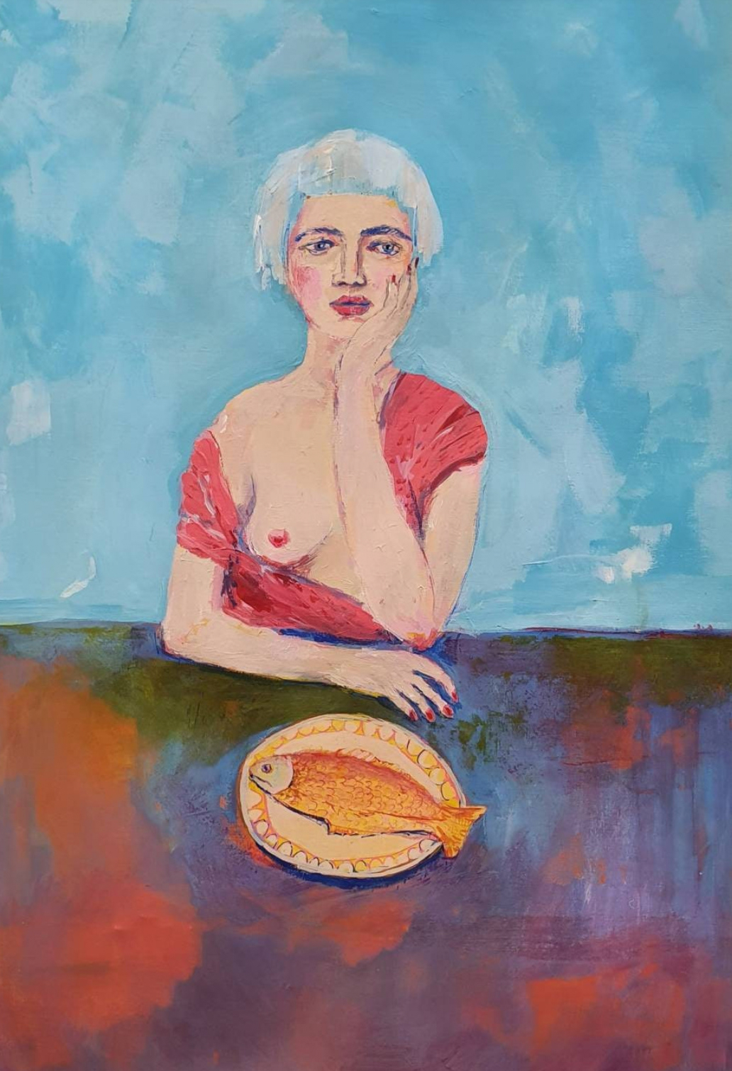 A Lady With a Fish, Acrylic on paper. Size A2
