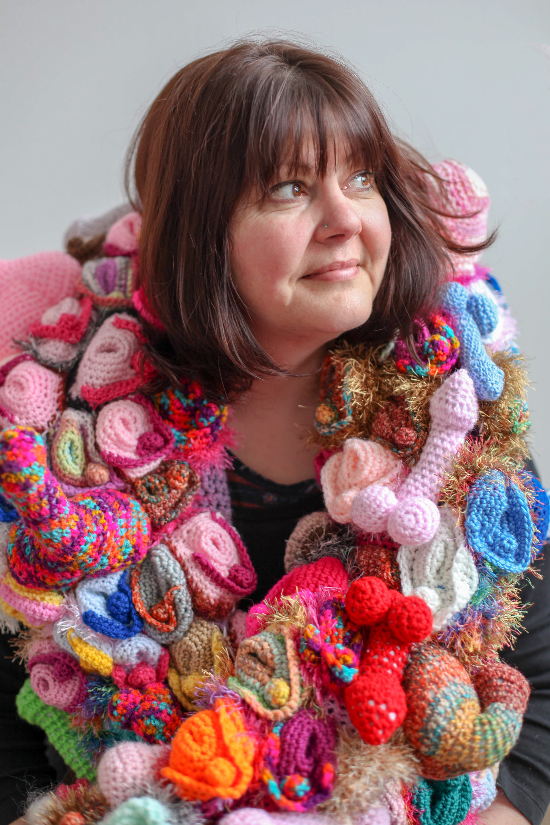Fibre artist Sharon Elizabeth Marshall with her soft sculpture.
