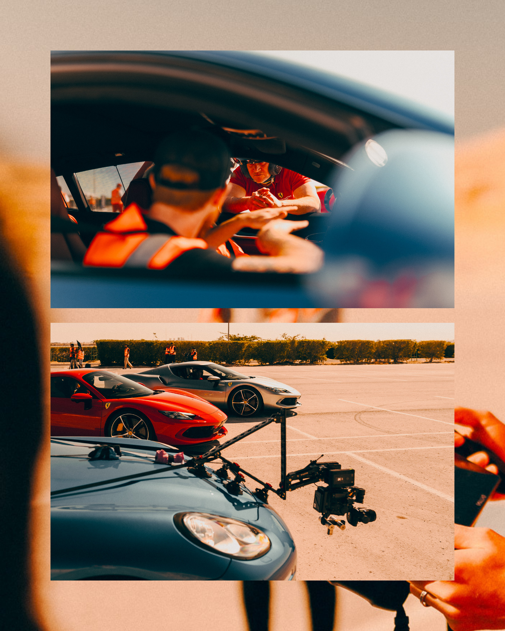 Behind the scenes of Ferrari commercial shoot — driver briefing inside car and camera rig mounted on Porsche filming Ferrari 296 GTS  in Bahrain desert light.