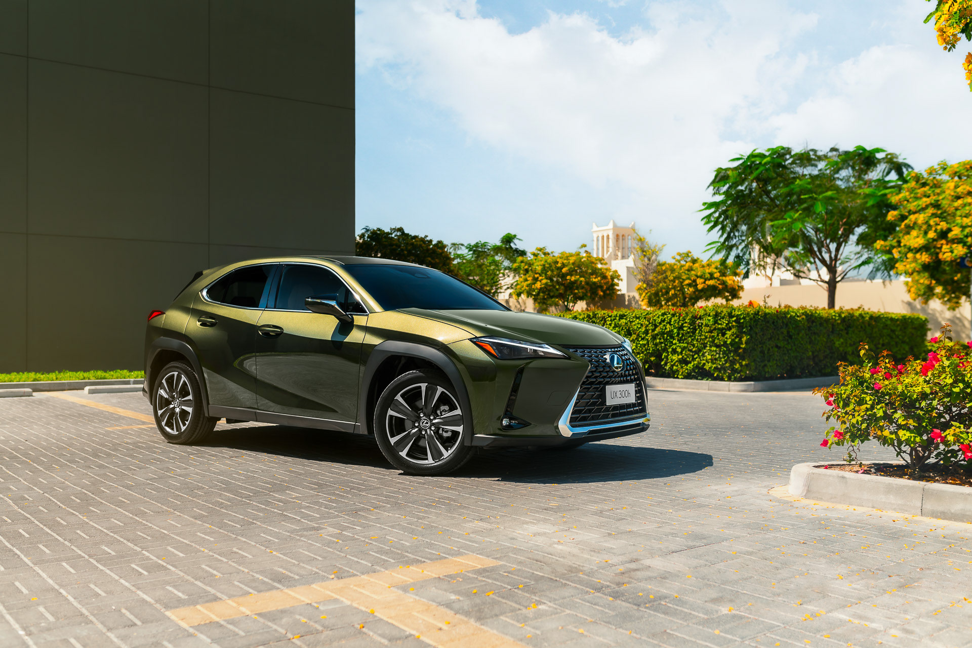Lexus UX 300h green photographed in Bahrain, surrounded by trees and flowers