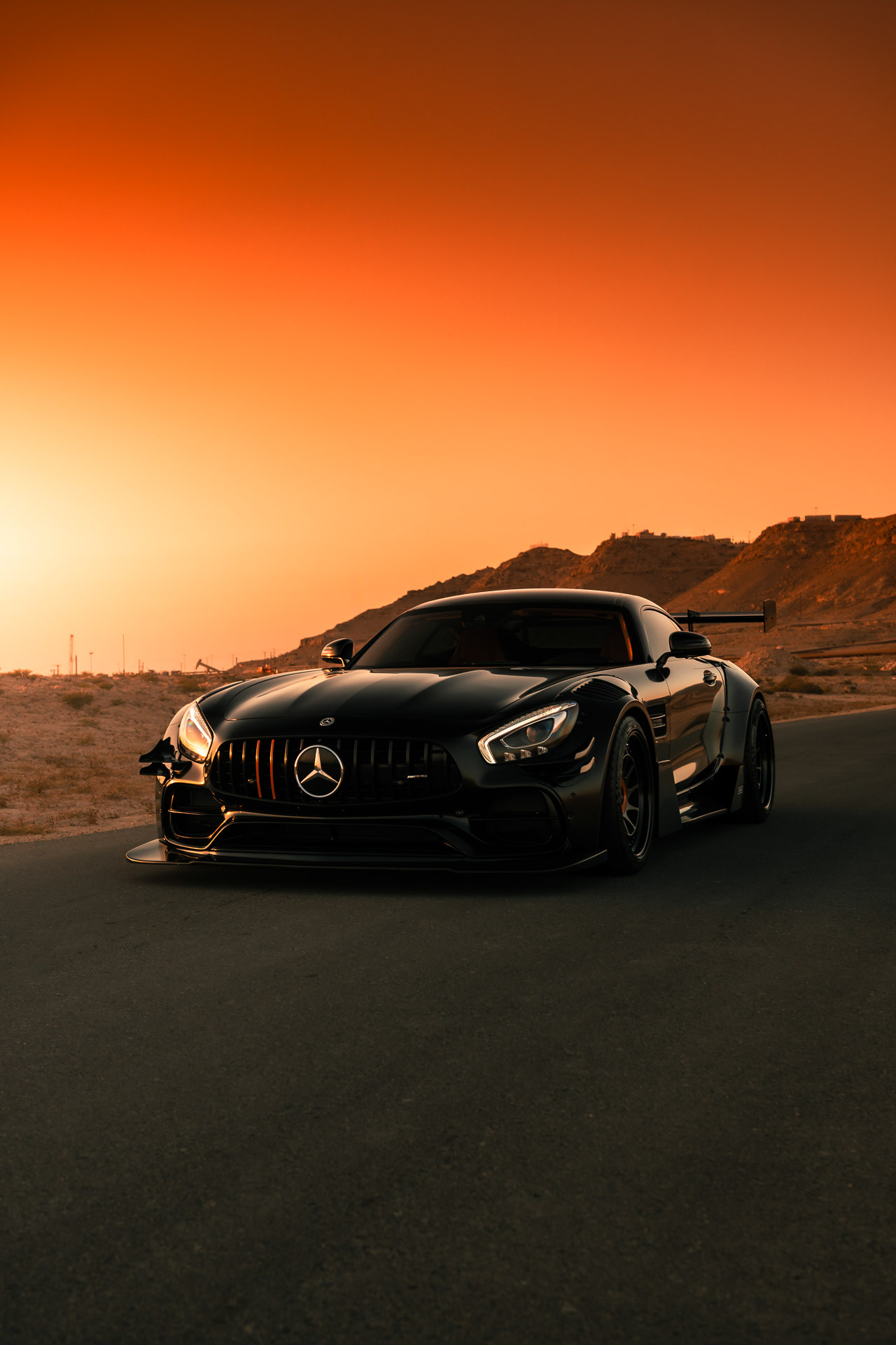 Mercedes-AMG GTR widebody, front 3/4, Sakhir Desert sunset