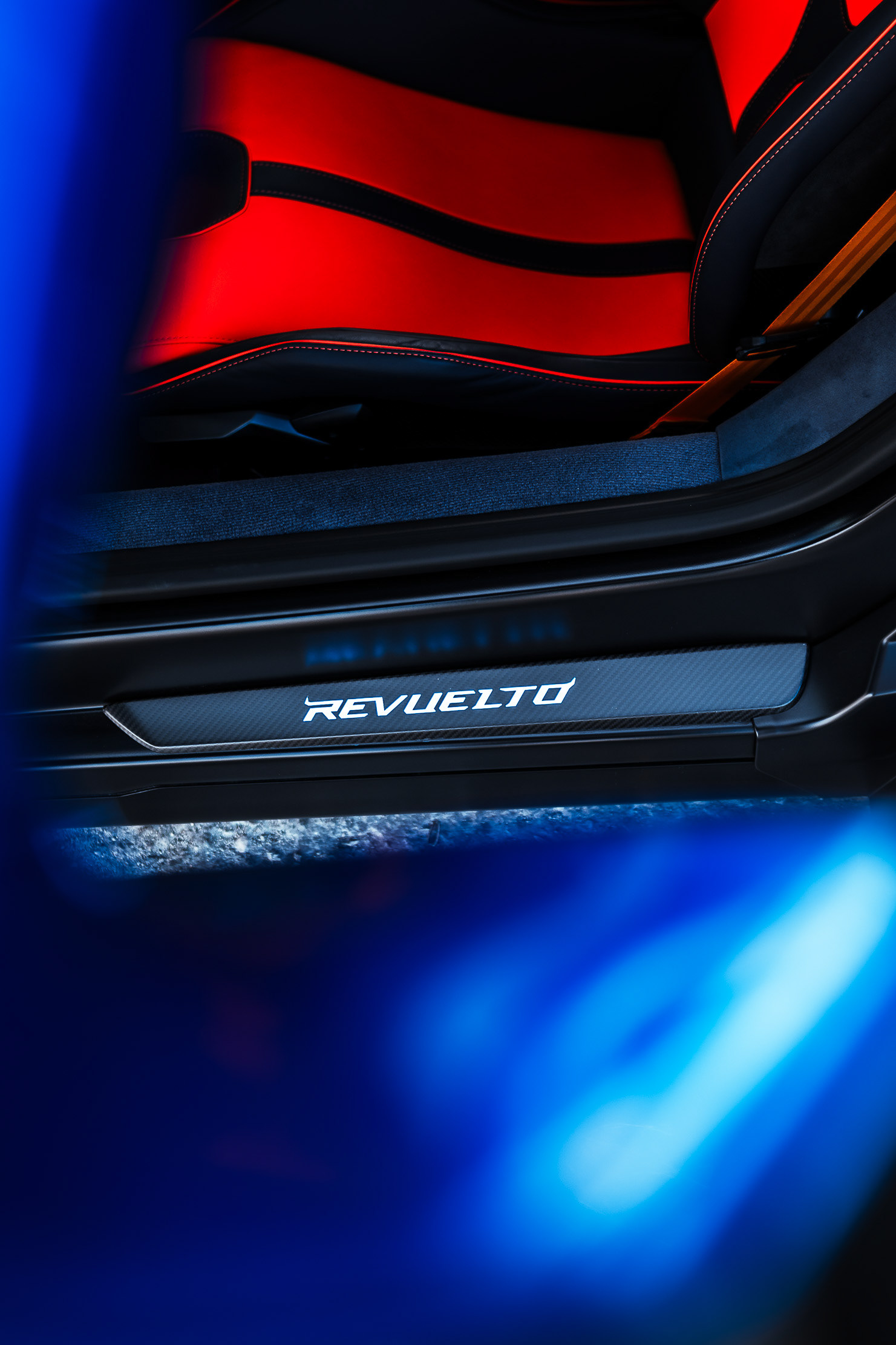 Illuminated REVUELTO door sill detail on the Lamborghini Revuelto