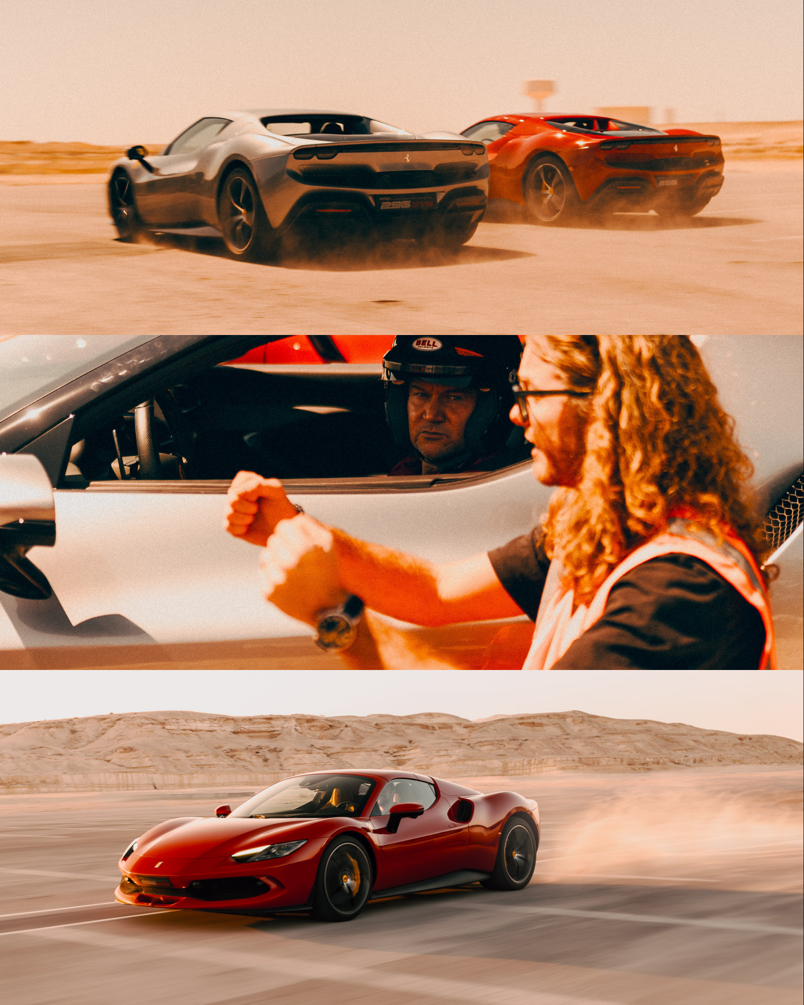 Ferrari 296 GTBs drifting on Bahrain desert track during commercial shoot, featuring crew direction beside the car and a dynamic red Ferrari in motion kicking up dust