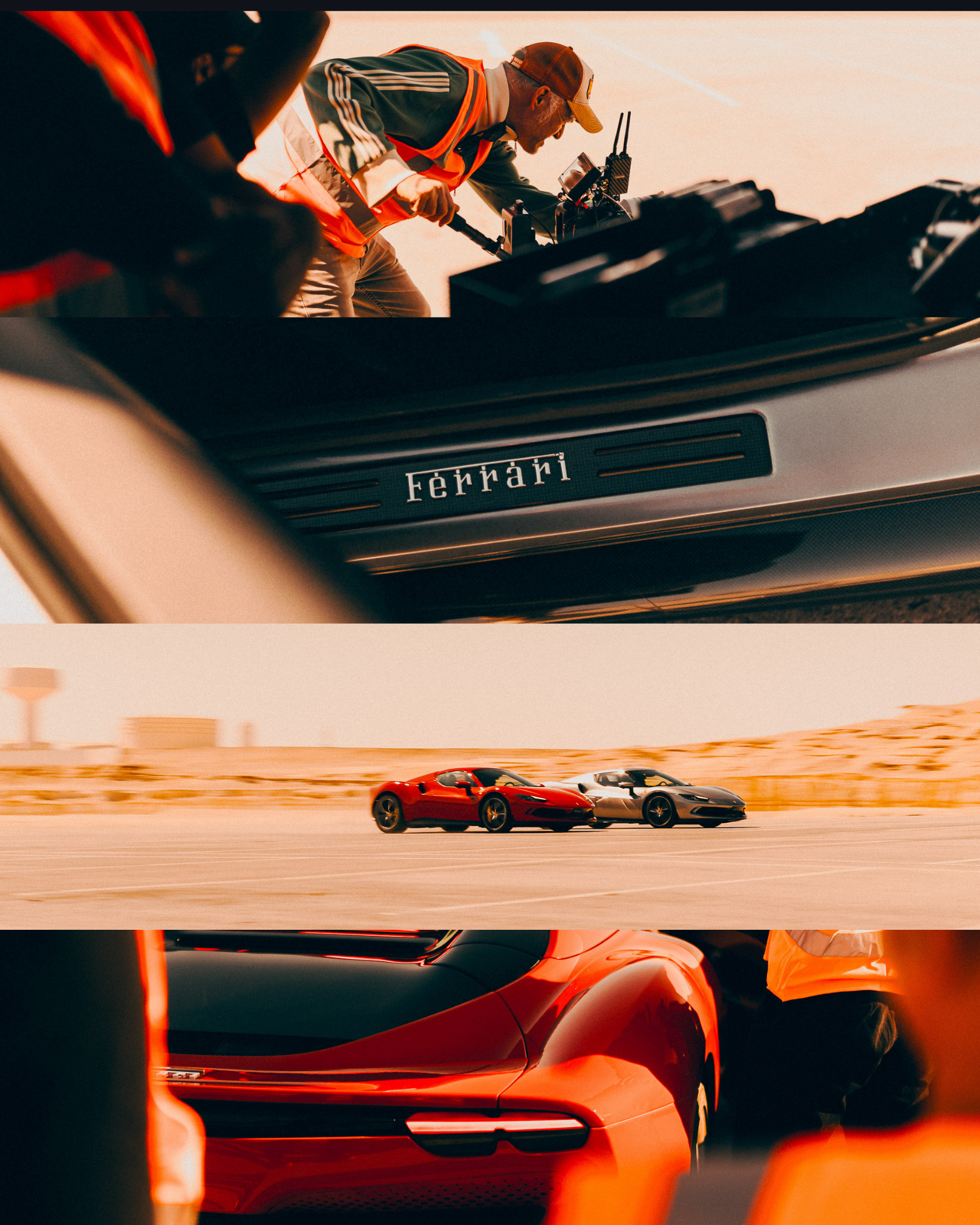 On-set crew filming Ferrari 296 GTSs during a commercial shoot in Bahrain, with close-up details of the Ferrari badge and motion shots of the red and silver cars driving through desert scenery.
