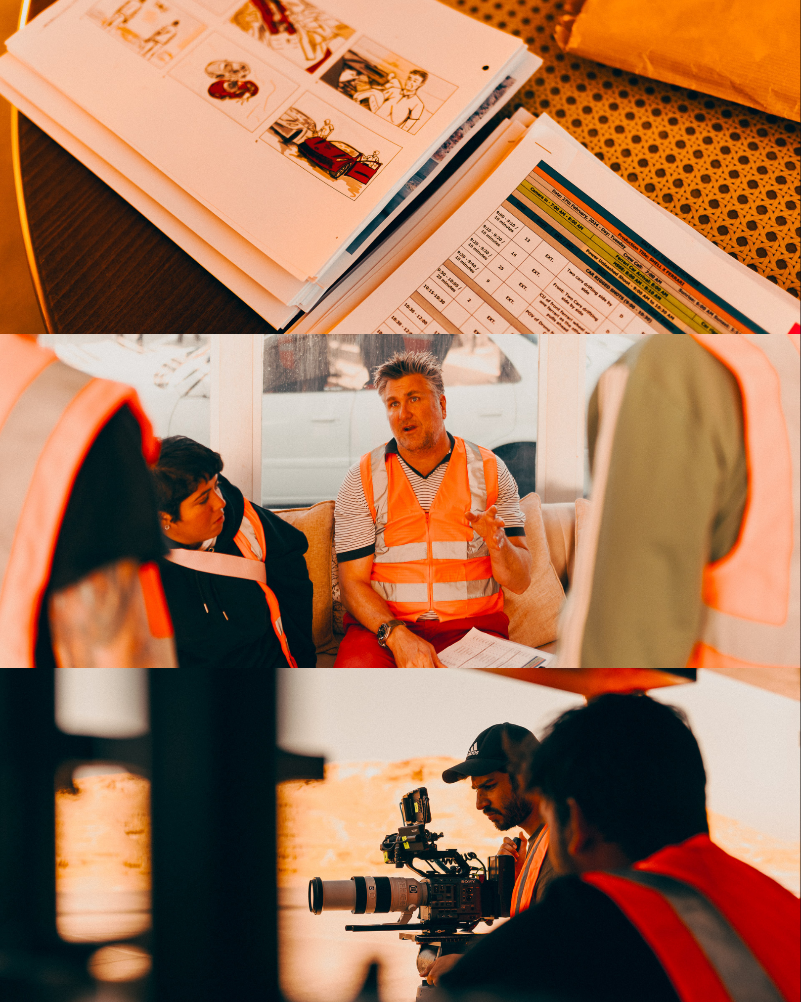 Film director briefing production crew in orange safety vests before Ferrari commercial shoot.
