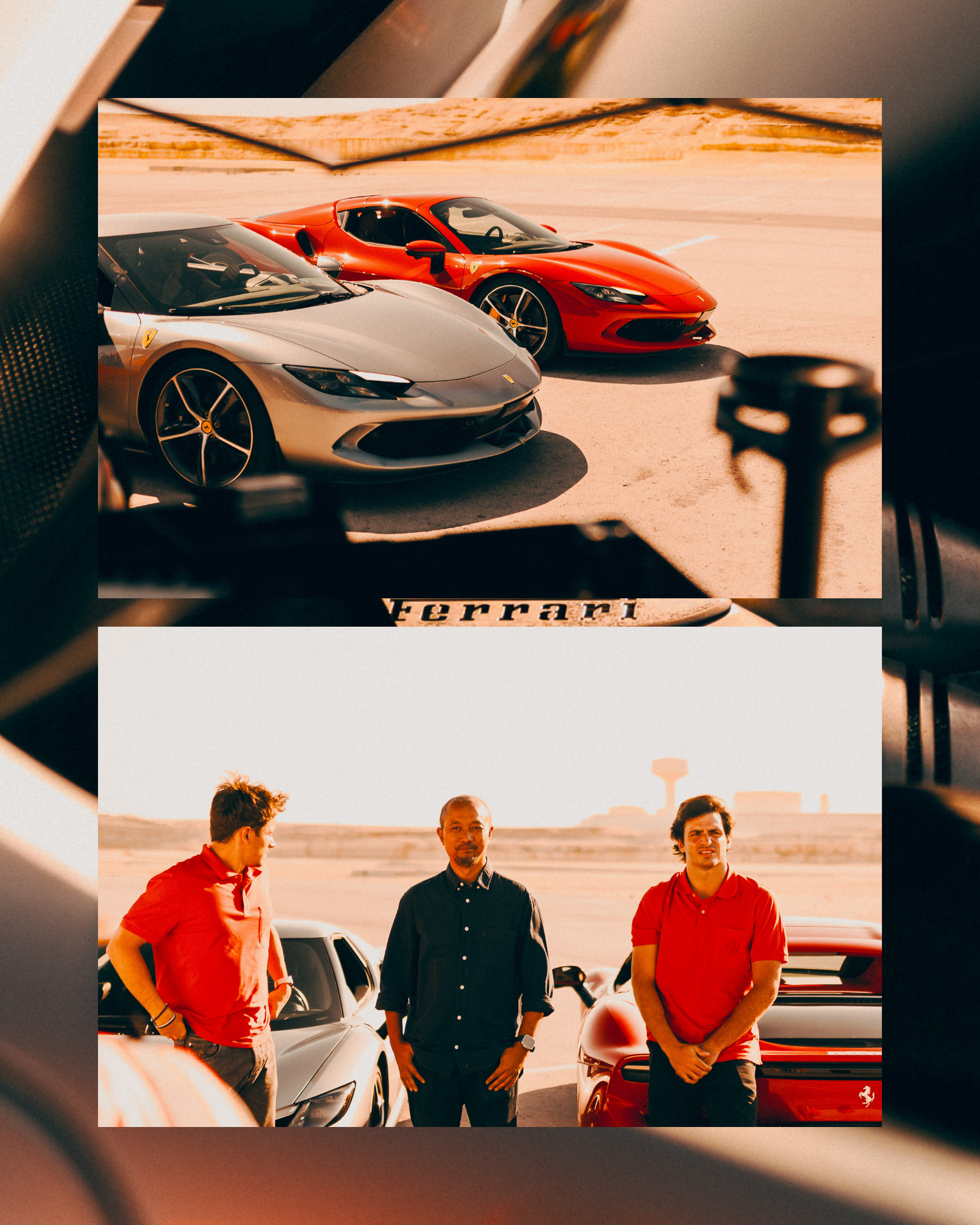 Charles Leclerc, Carlos Sainz, and crew standing beside Ferraris under Bahrain sunlight