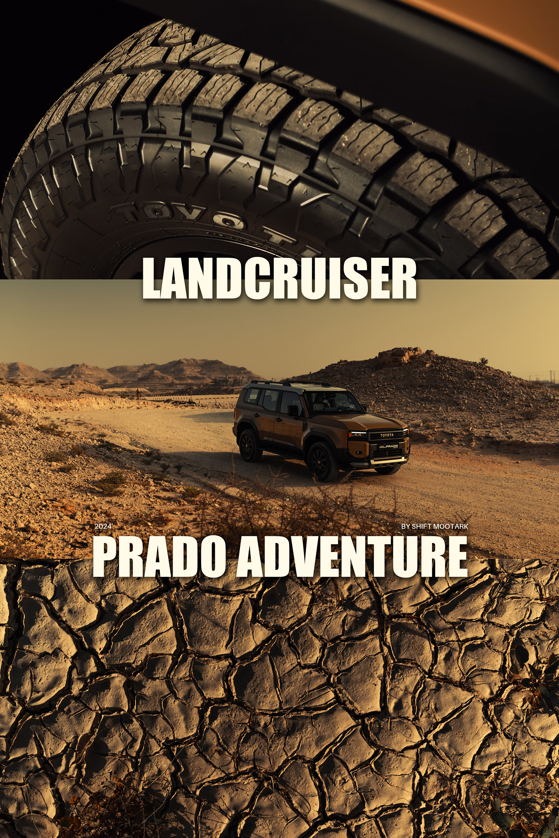 2024 Land Cruiser Prado, front 3/4, rocky foreground, hard daylight