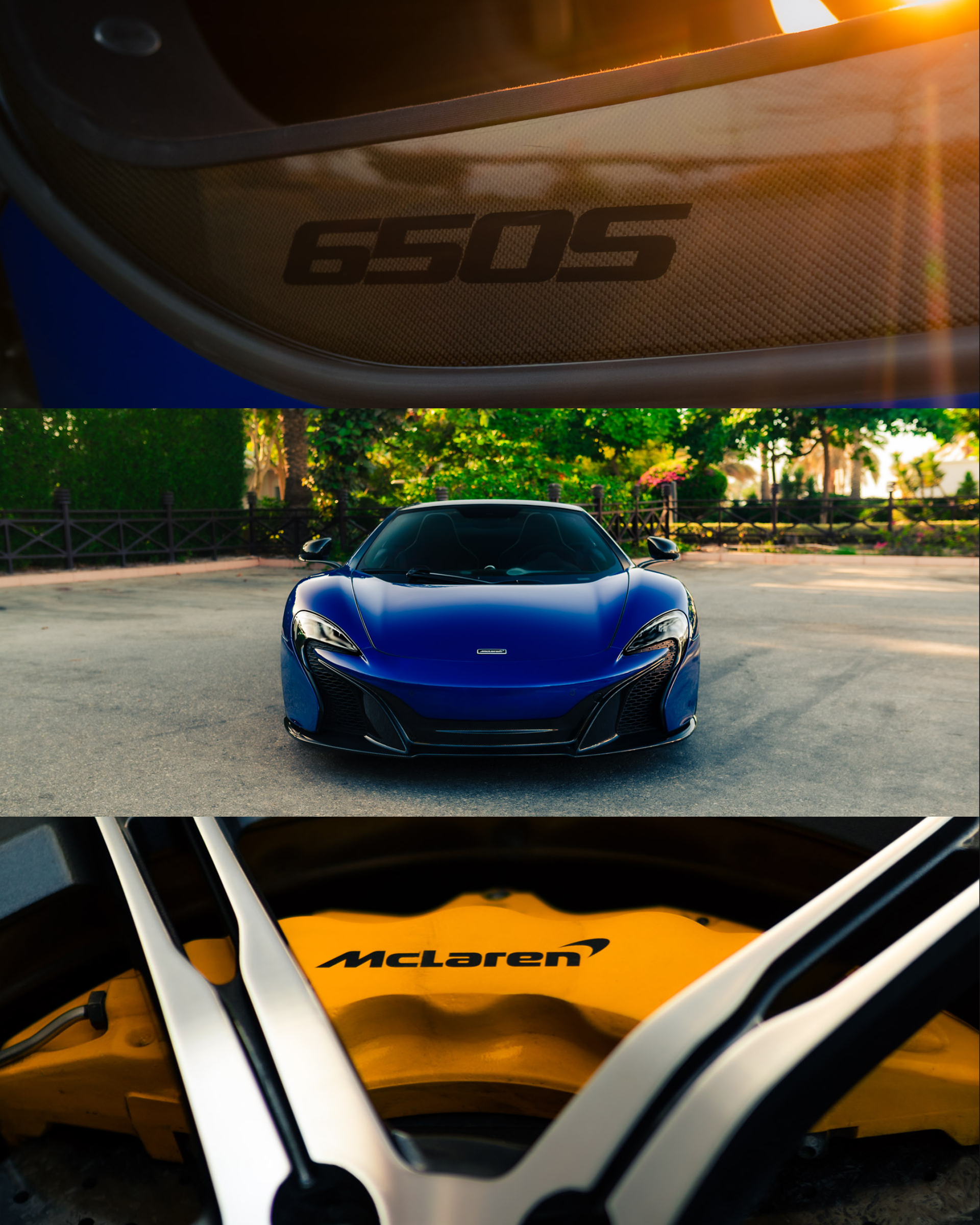 McLaren 650S Spider carbon-fiber sill badge, front view, and yellow McLaren brake caliper captured in Bahrain with natural light