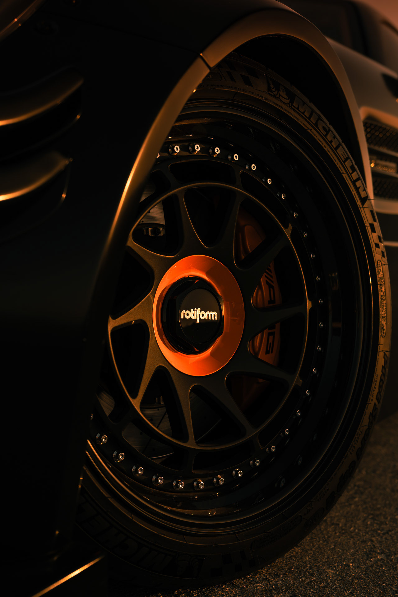 Rotiform wheels close-up, brake detail, desert backdrop