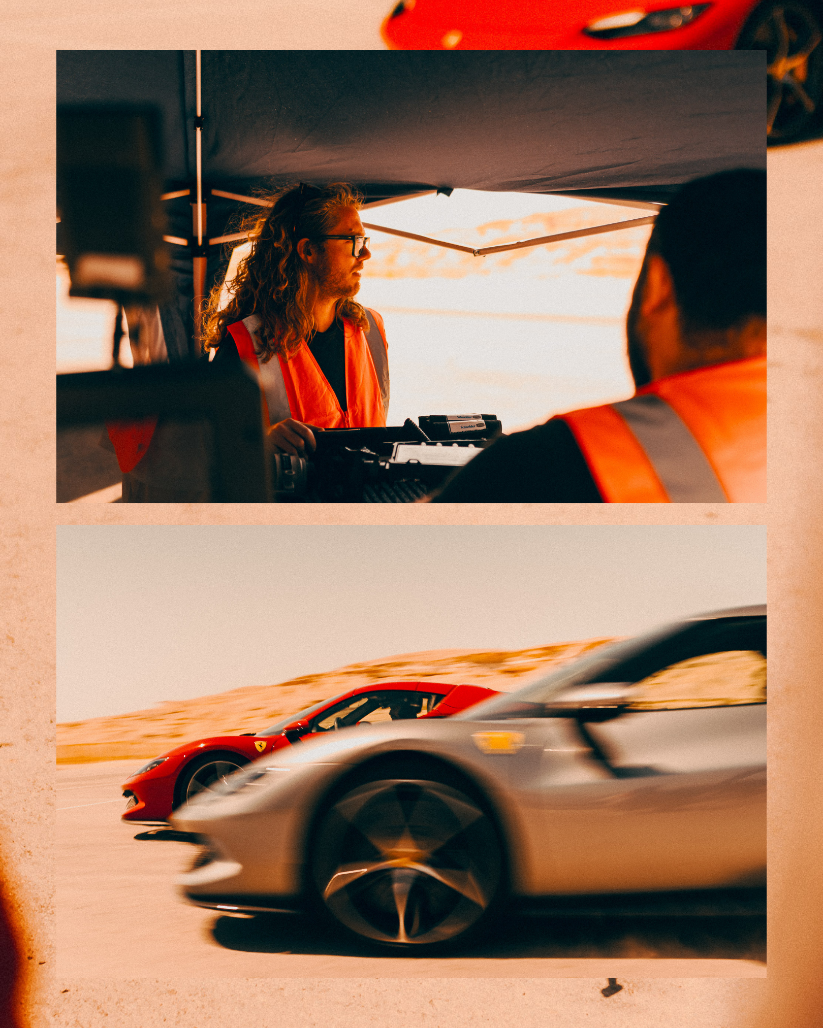 Behind the scenes of Ferrari commercial—production crew monitoring shots under tent in desert light