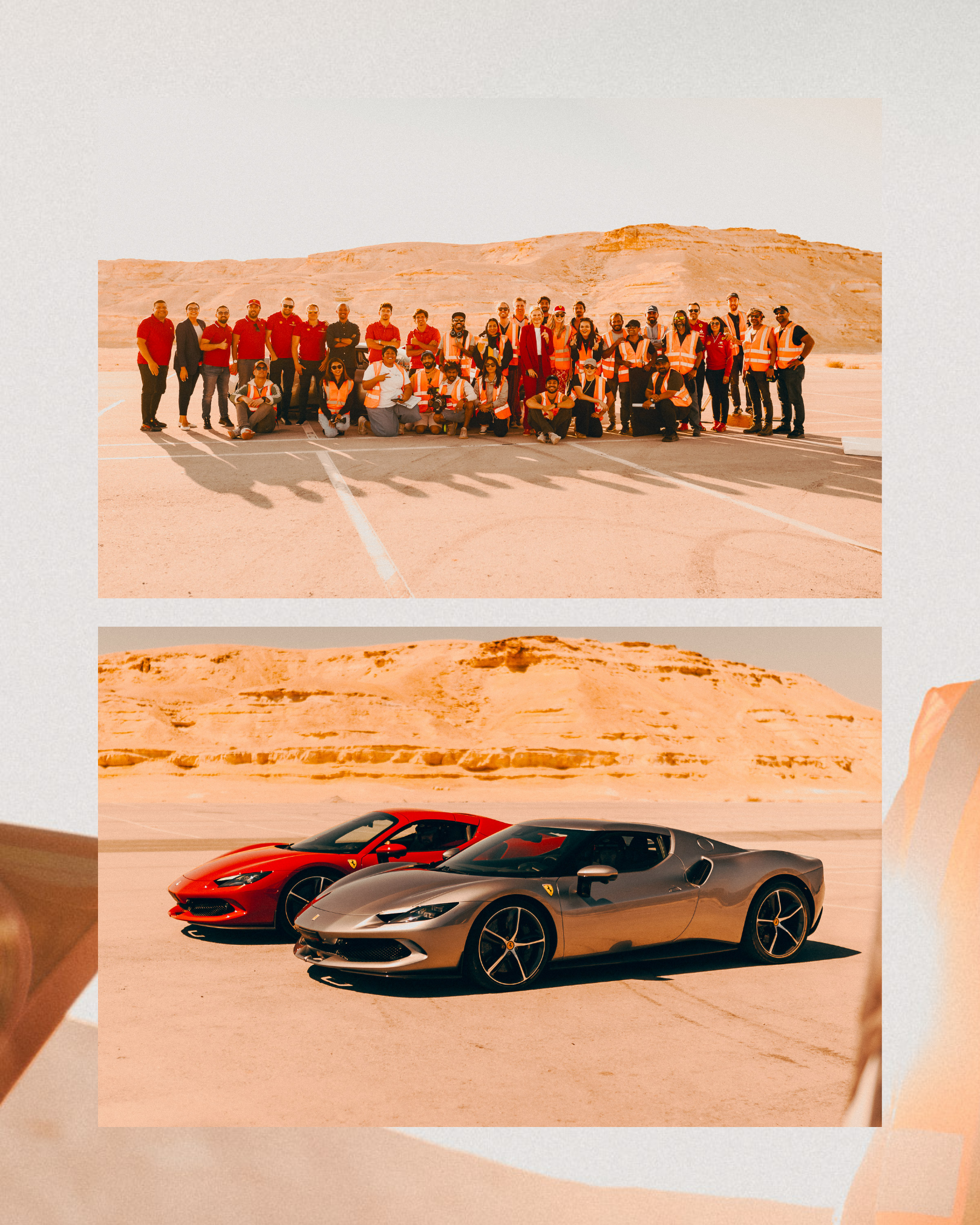 Ferrari and Shell commercial production crew group photo in Bahrain desert with two Ferrari 296 GTS cars parked in front of the dunes.