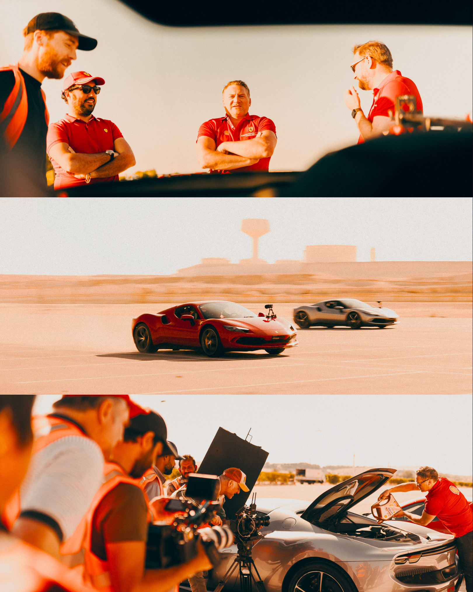Behind-the-scenes moments from the Ferrari × Shell commercial production in Sakhir, Bahrain, showing the crew in discussion, Ferraris in motion during filming, and technical preparations on set under desert light.