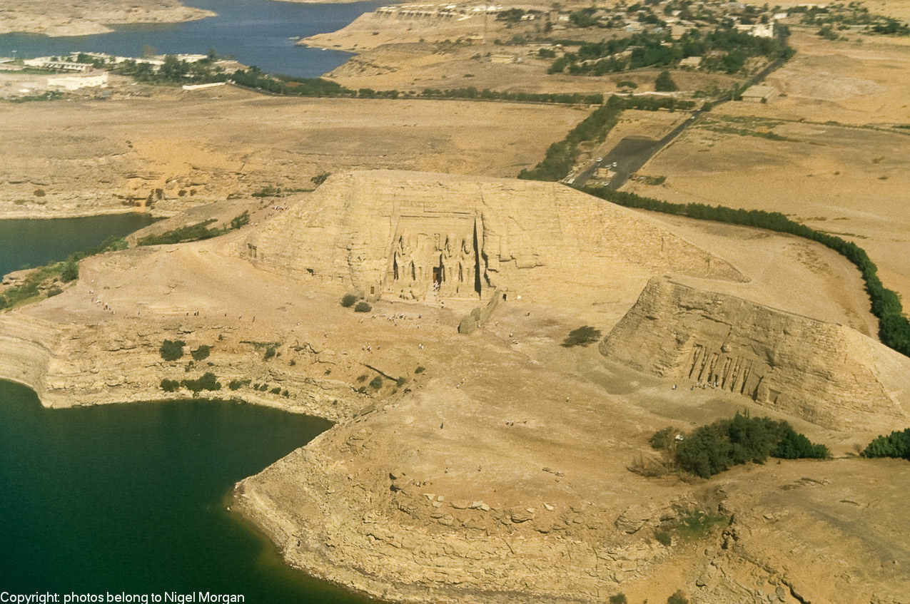 Great temple of Ramses II on left and Temple of Hathor on right