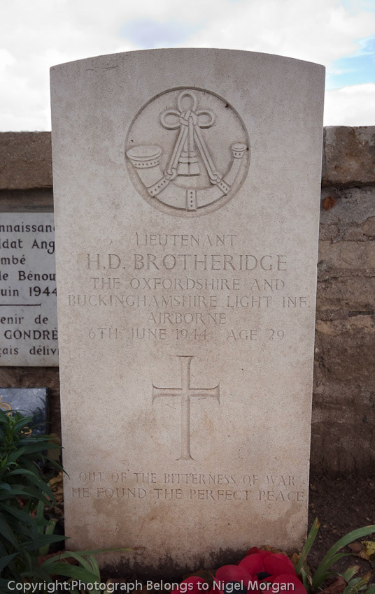 Grave Stone of H.D. Brotheridge. Believed to be the first allied Solider to die on D-Day
