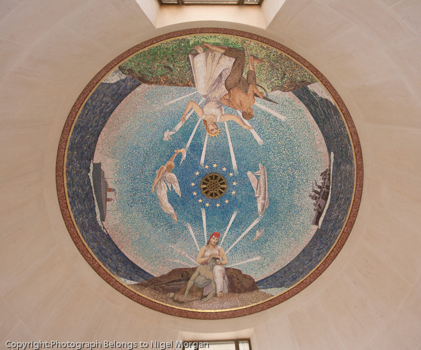 Mosaic ceiling depicts America blessing her sons as they depart by sea and air and a grateful France bestowing a laurel wreath upon the American dead.