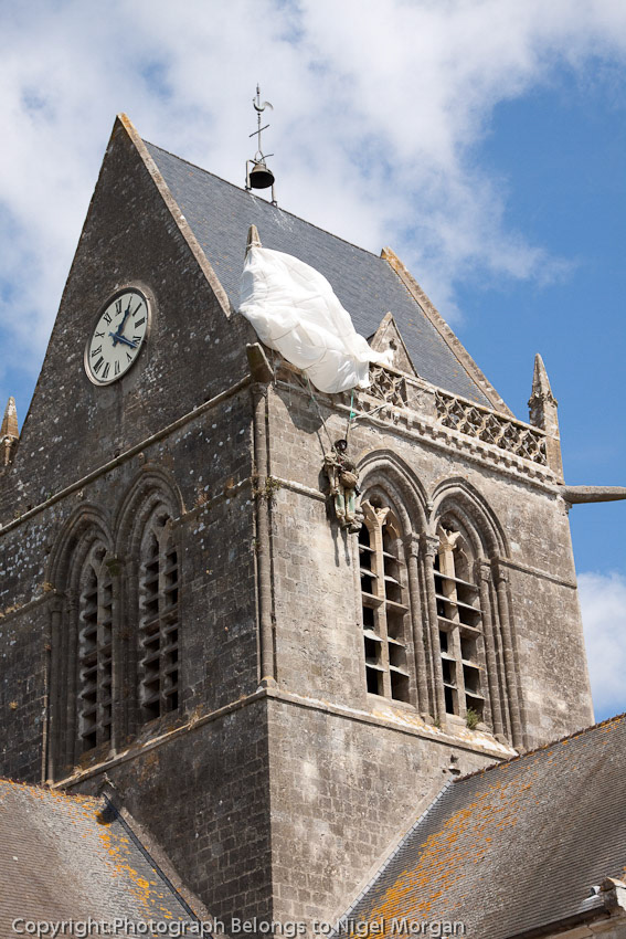 Memorial paratrooper located on church.