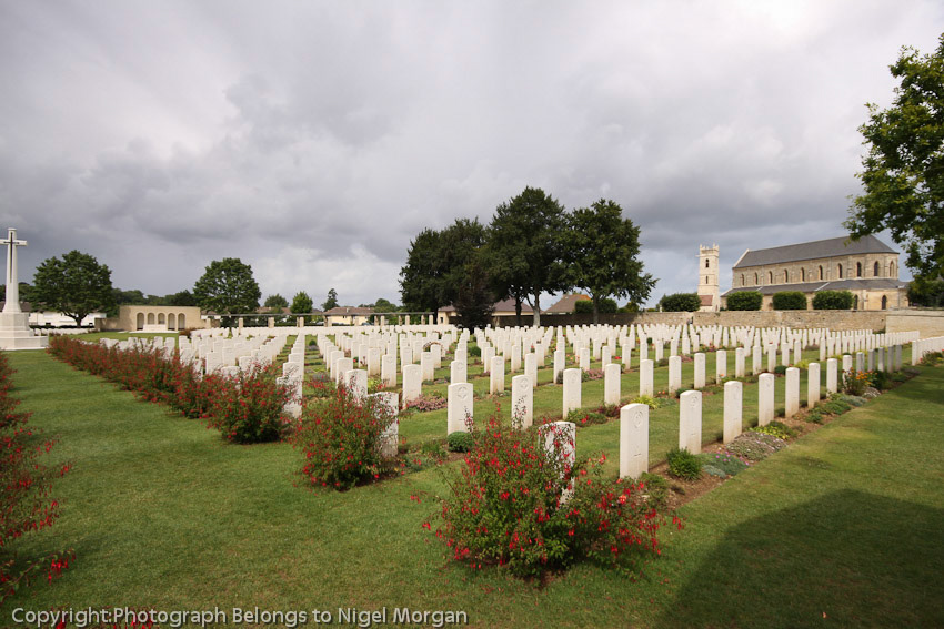 British Cemetery Ranville and view of Church