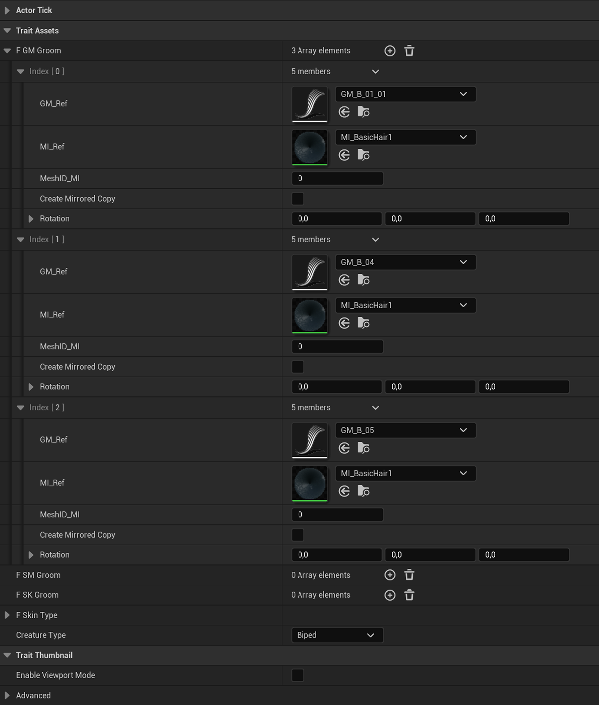 Example of a child Skin Trait Blueprint configured with references to assets.