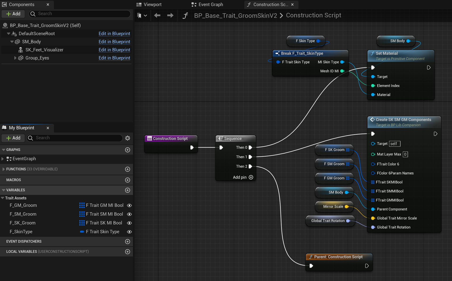 Overview of Base Skin Trait Blueprint with compatible variables and functions to assembly the thumbnail preview.