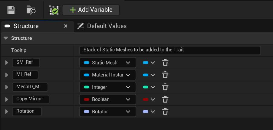 Example of Static Mesh structure with all the related parameters the artists could also customize.