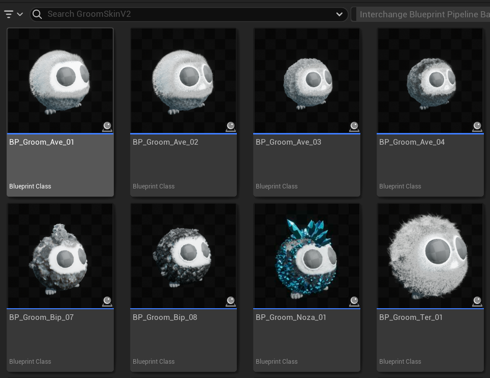 Content browser view of Skin Traits created with the blueprint.