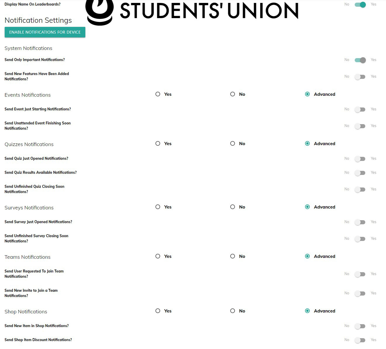 Settings page