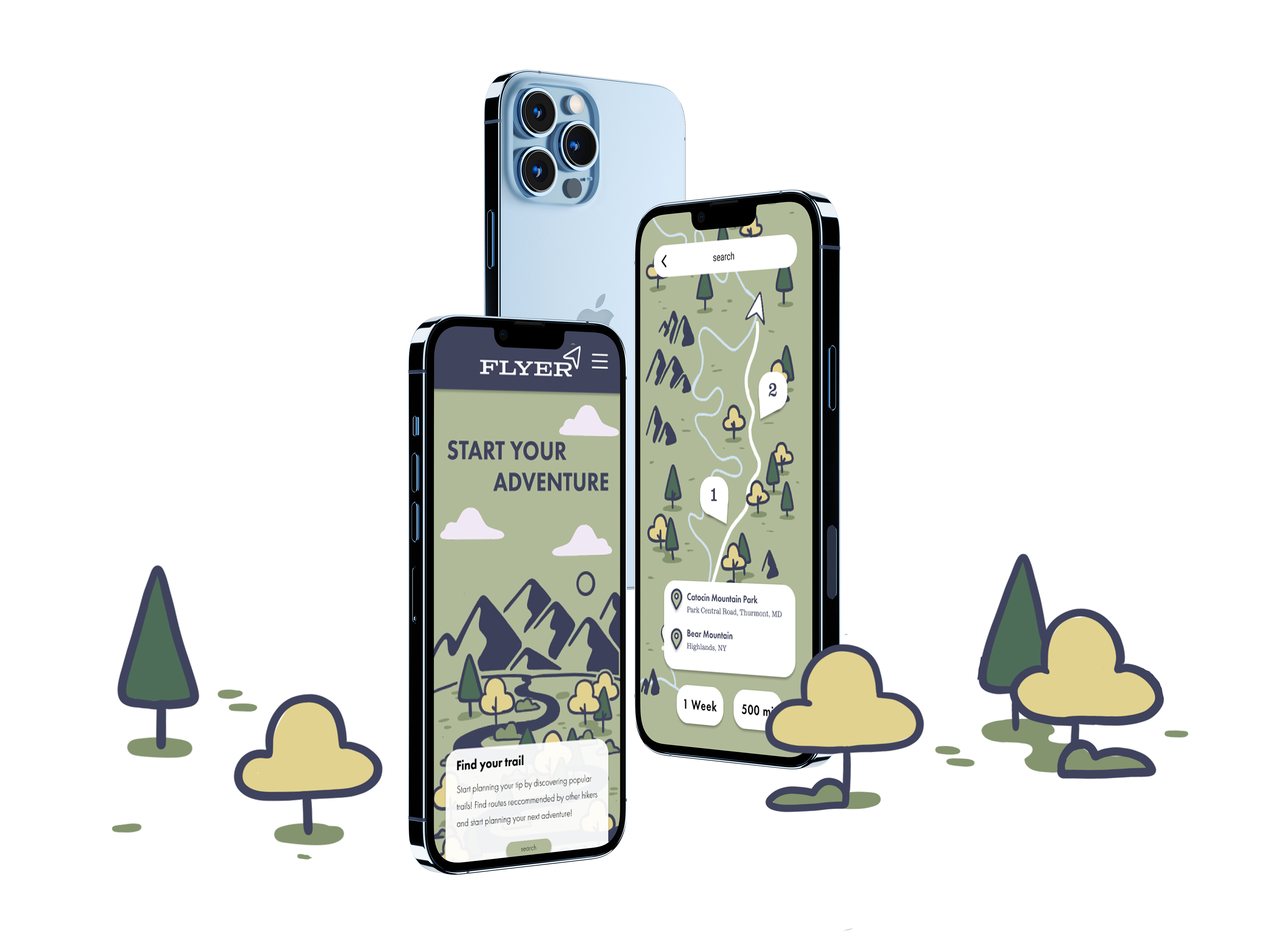 Mockup of three phone, 2 screens showing images from the app.