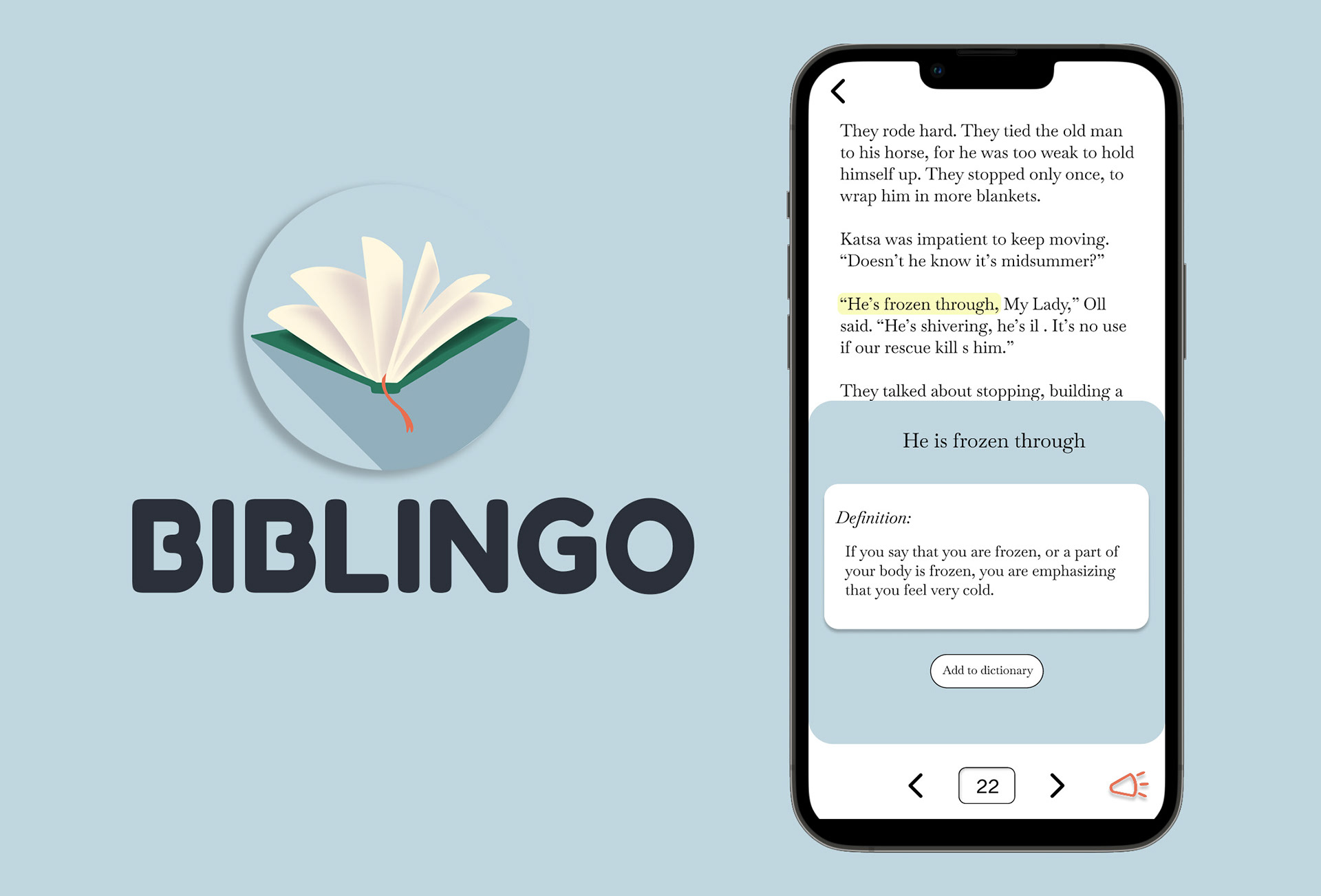 Heroimage of biblingo logo and mockup of app.