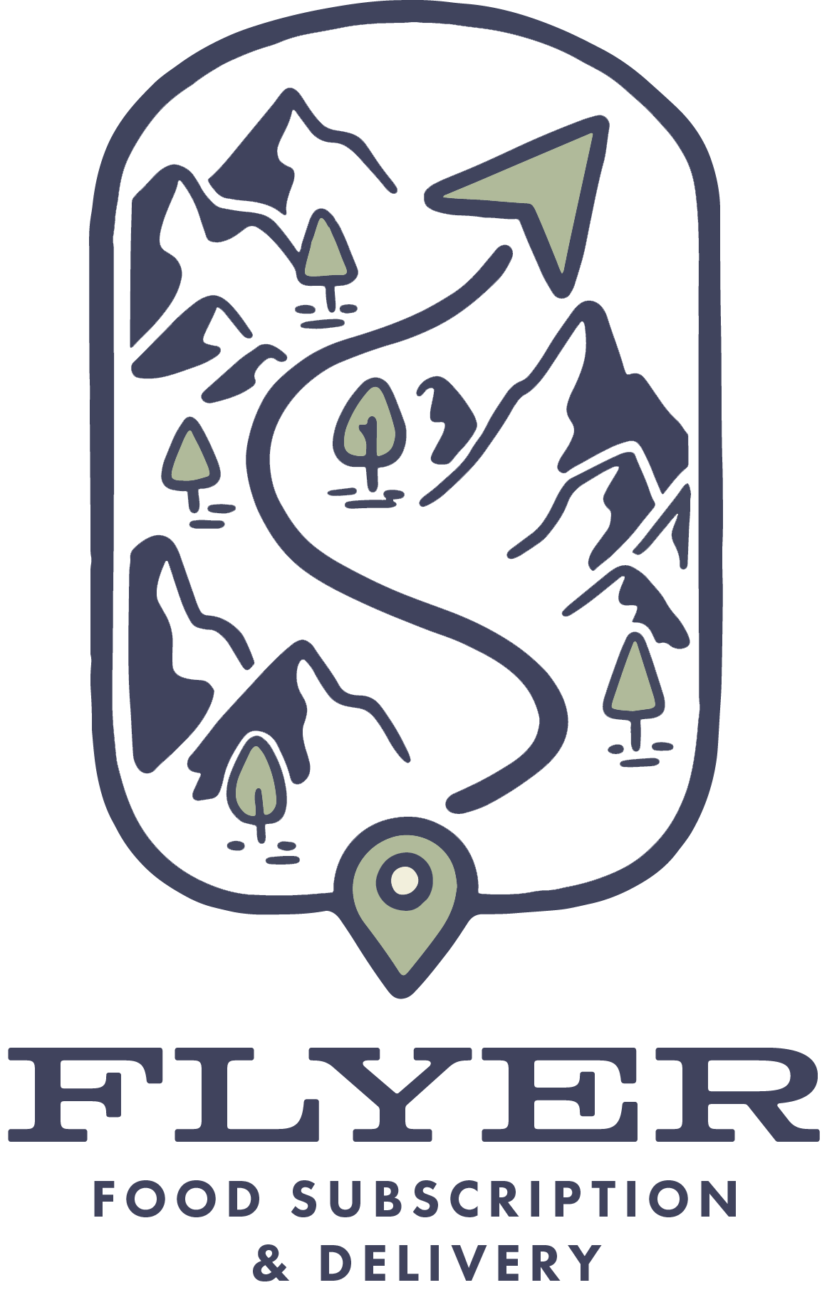 Badge shaped blue and green logo with the type "Flyer Food Subscription & Delivery."