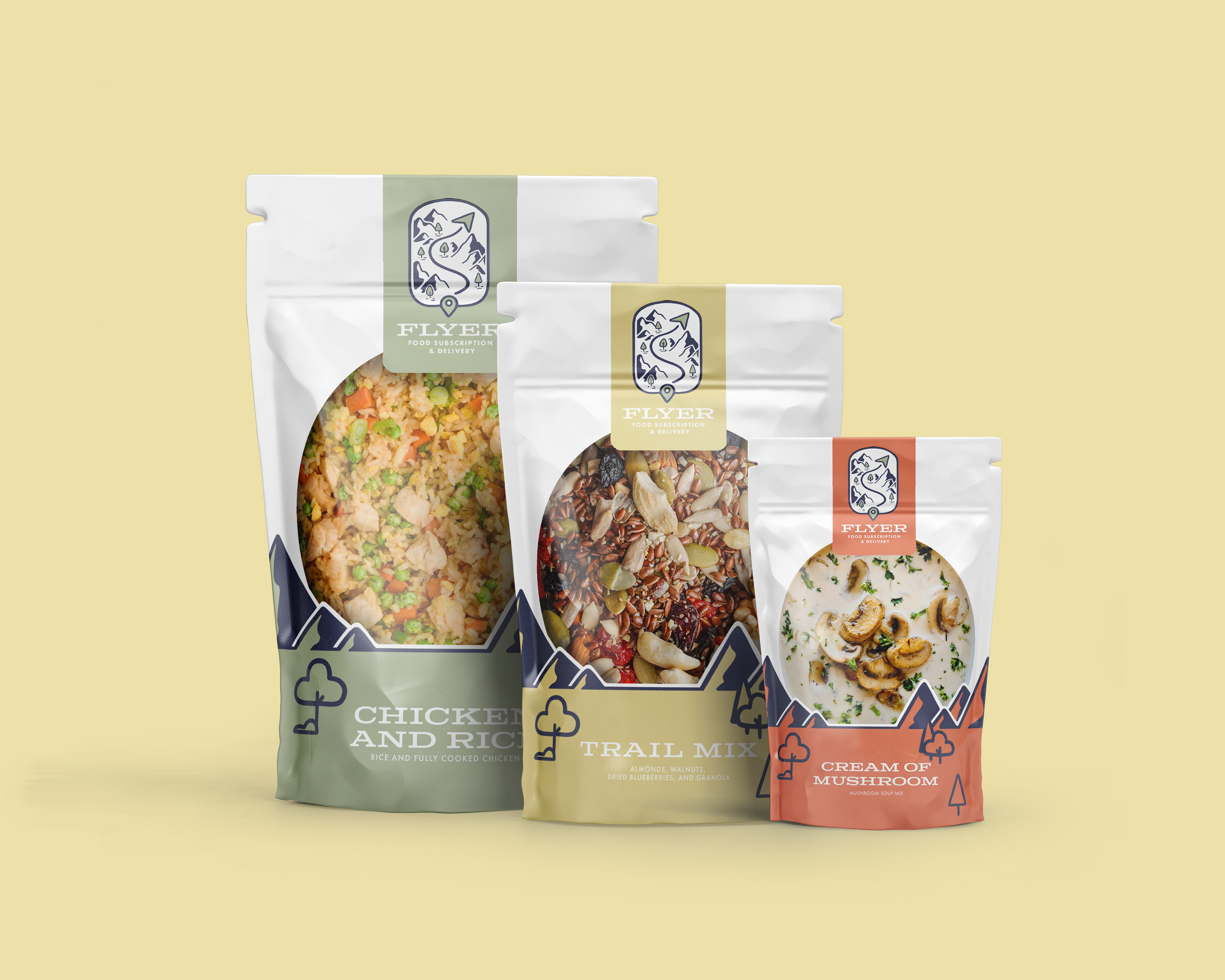 Mockup of 3 packages for Chicken and rice, trail mix and cream of mushroom.
