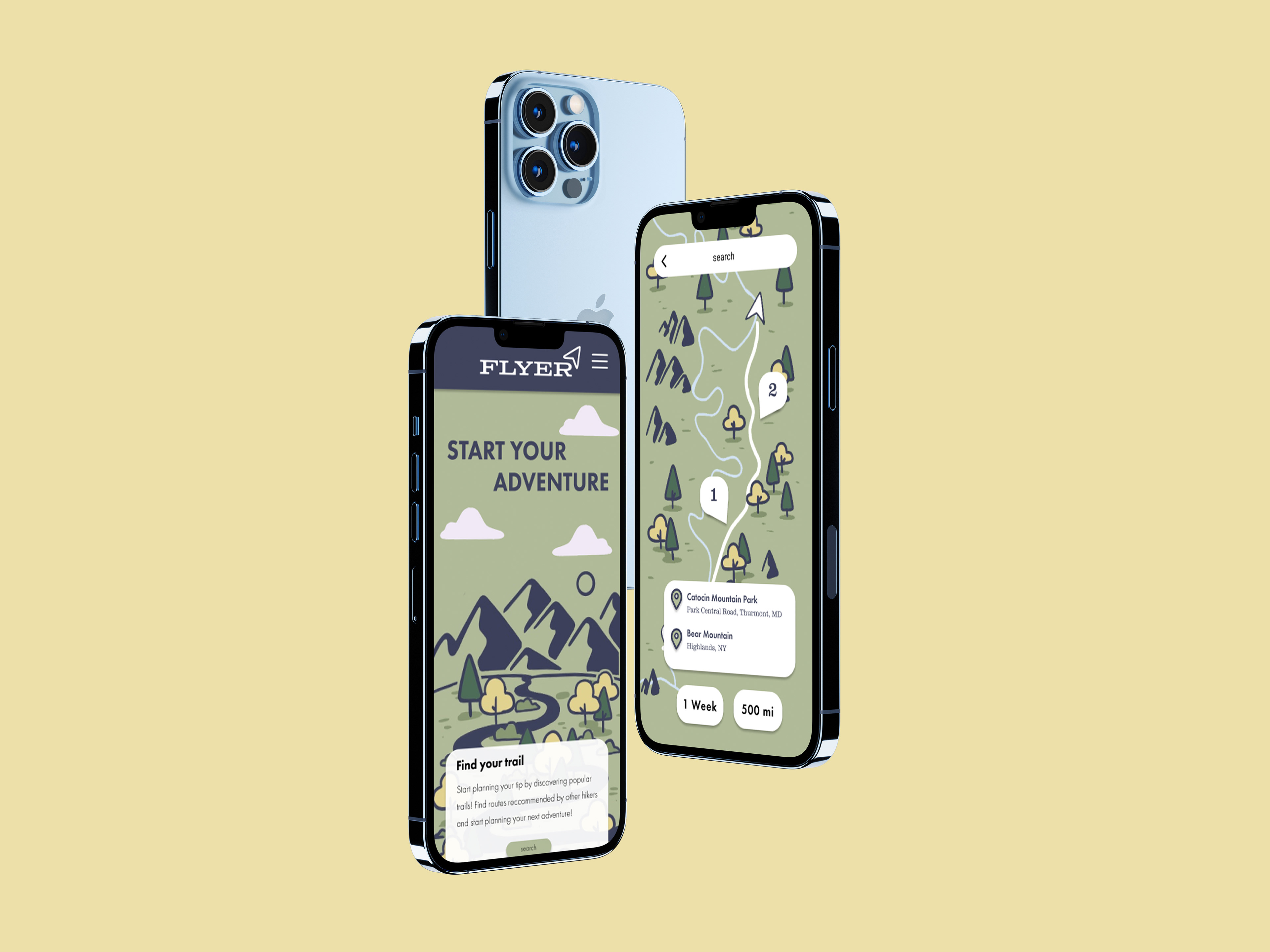 Mockup of three phone, 2 screens showing images from the app.