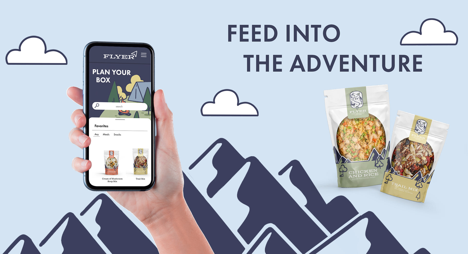 Image food packaging and hand holding a phone showing an ordering screen.