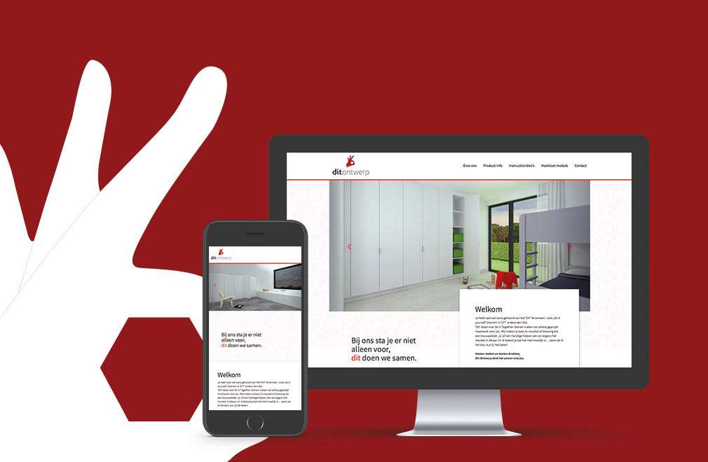 beeldmerk van dit ontwerp en het responsief website ontwerp in een iMac en iPhone met een rode achtergrond