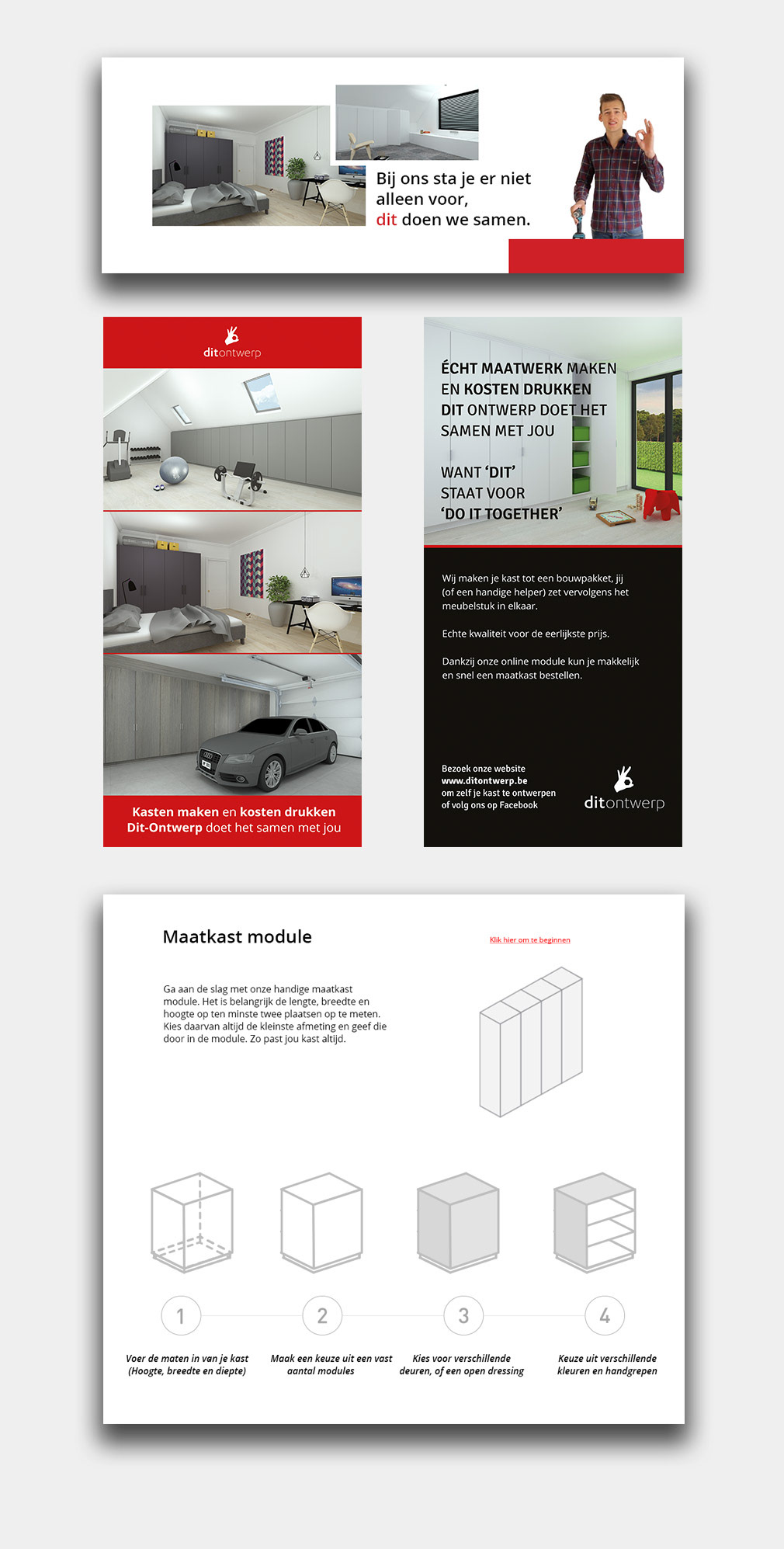 identiteit en grafische elementen van drukwerk en een online applicatie tool voor het maken van een maatkast voor de woninginrichting
