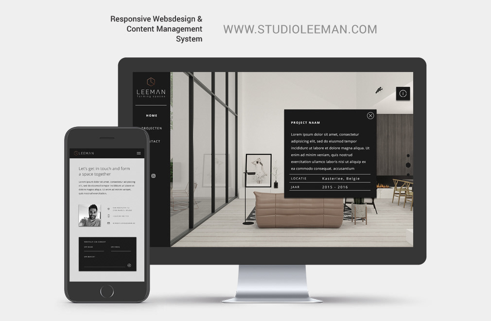 mock up van een iMac en iPhone waar de website studio leeman is gepresenteerd als responsive webdesign en content management system