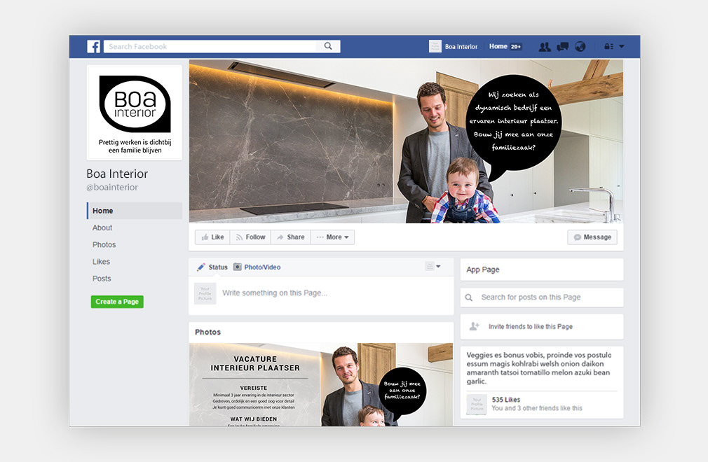 facebook pagina boa interior met een vacature van een interieur plaatser