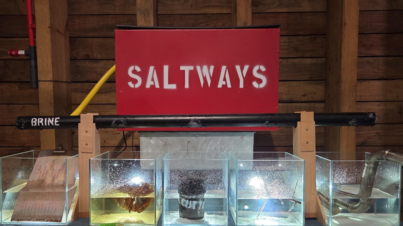 An image of a red tank with the word Saltways stencilled on the side in white. In front are glass cubes containing objects in crystallising brine.